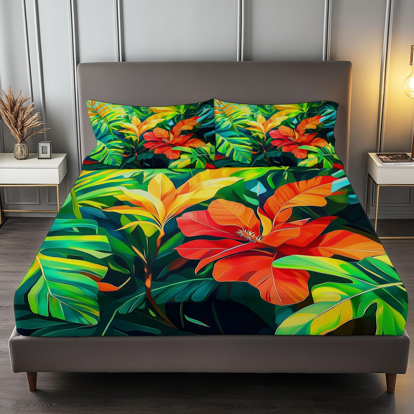 Drap Housse 160 x 200 cm avec Bonnet 30 cm, Plantes Tropicales Fleurs Feuilles Drap Housse Enfant, Drap Housse Matelas Epais Vert Sauge, Microfibre Brossée avec Une Rebord Élastique