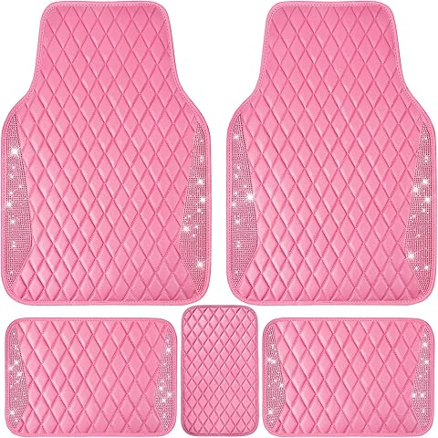 CAR PASS Bling Leather Car Mats Shining Diamond Floor Mats Crystal Rhinestones Sparkly Glitter Carpet Anti-Slip Waterproof Pad Universal Fit for Automotive SUV, Sedan, Van, 5pcs for Girl Women Pink