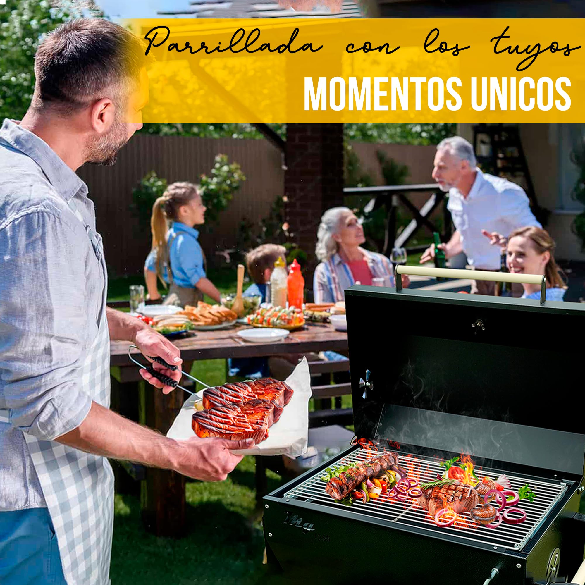 MG- Barbacoa Carbon, bbq, Asador con Tapa para Ahumar o Asar, Barbacoas de carbon y leña con Parrilla Elevable de acero inoxidable, Prepara Carnes, Pescados y Verduras a la Parrilla o al Horno.