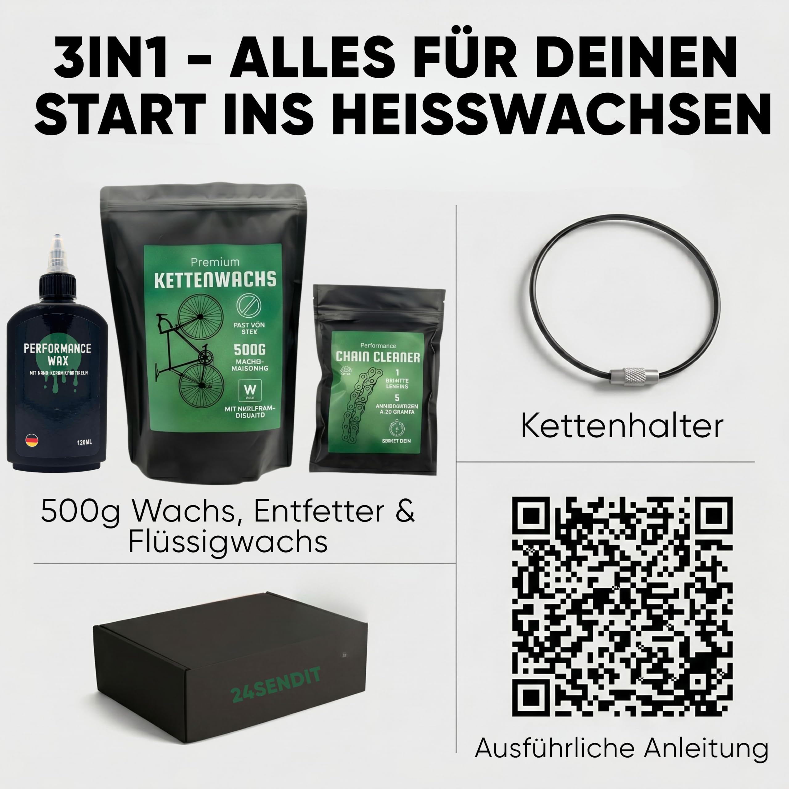 24SENDIT Ultimate Kettenwachs Set Heißwachs + Flüssigwachs + Entfetter | Komplettset für einfachen Umstieg auf Kettenwachs - für Rennrad, Gravel, MTB und E-Bike - einfache Anwendung, PTFE-frei