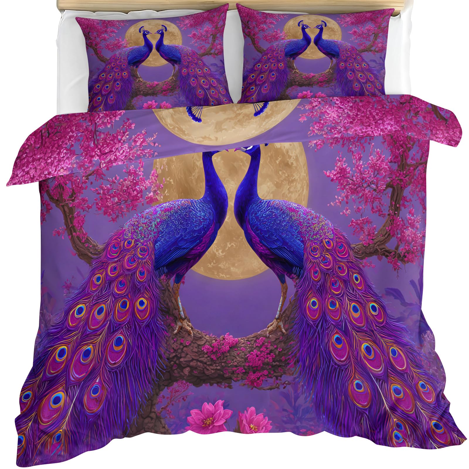 YEMYOR Purple Peacock Duvet Cover, Beautiful Floral Bird Comforter Cover King 230x220 cm, Gorgeous Peacock Bedding Set with Hidden Zipper