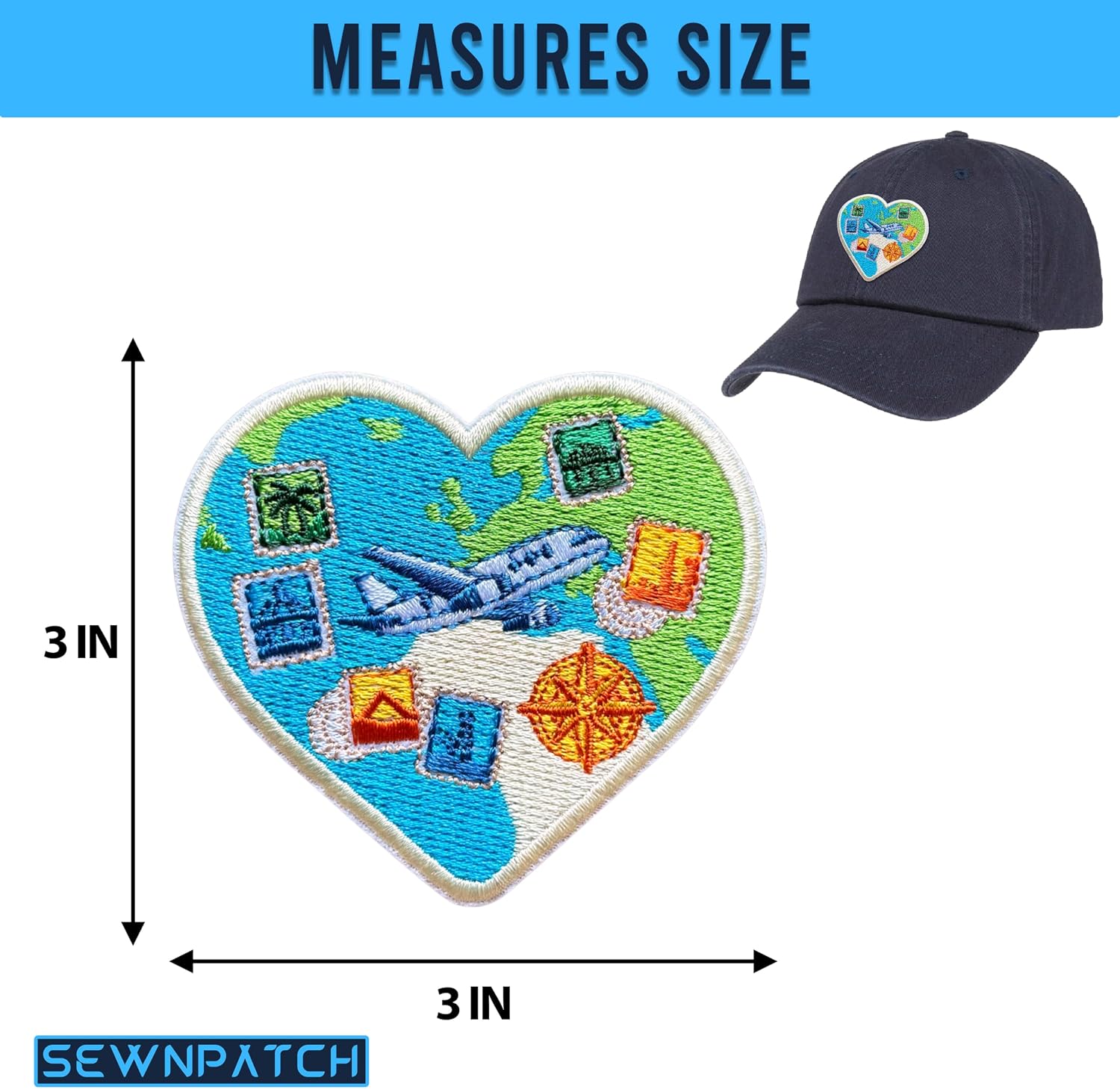 Airplane Heart Adventure Patch for Backpacks Hats Jeans Bags, Size 3" Iron On or Sew On Patches, Summer Vacation Embroidery Patches Appliques for Clothes, Souvenir Patch for Travel Lovers