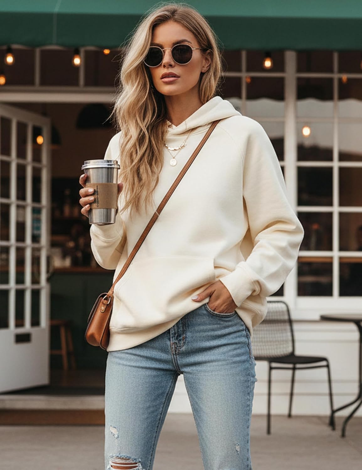 Lauweion Women Solid Basic Fleece Letter Loose Hoodie Sweatshirt Long Sleeve Kangaroo Pocket Drop Shoulder Pullovers Top - Image 2