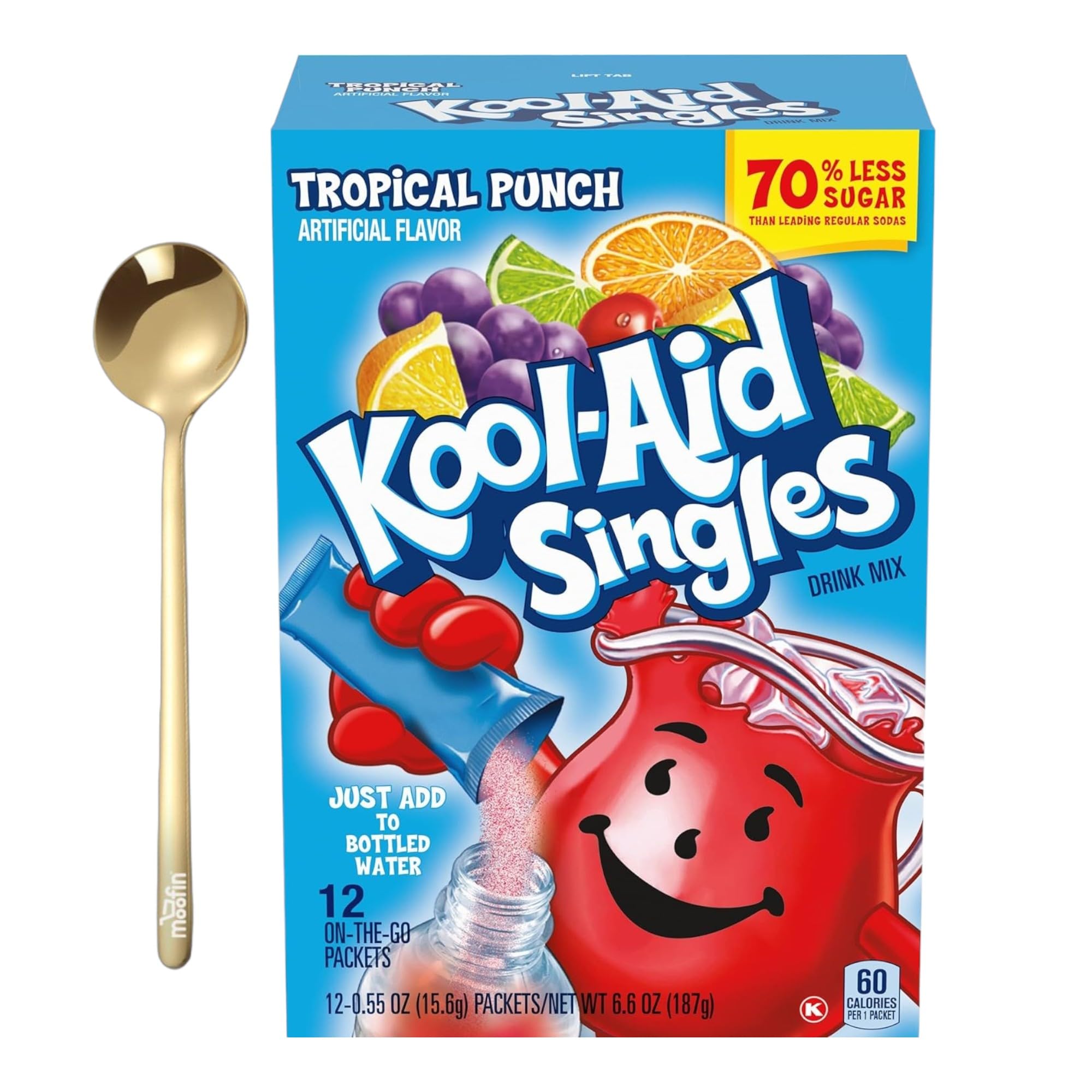 moofinTropical Punch Drink Mix Packets 12 Ct - Only 30 Calories, Vitamins C & E, Kosher - with Golden Spoon (Pack of 1)