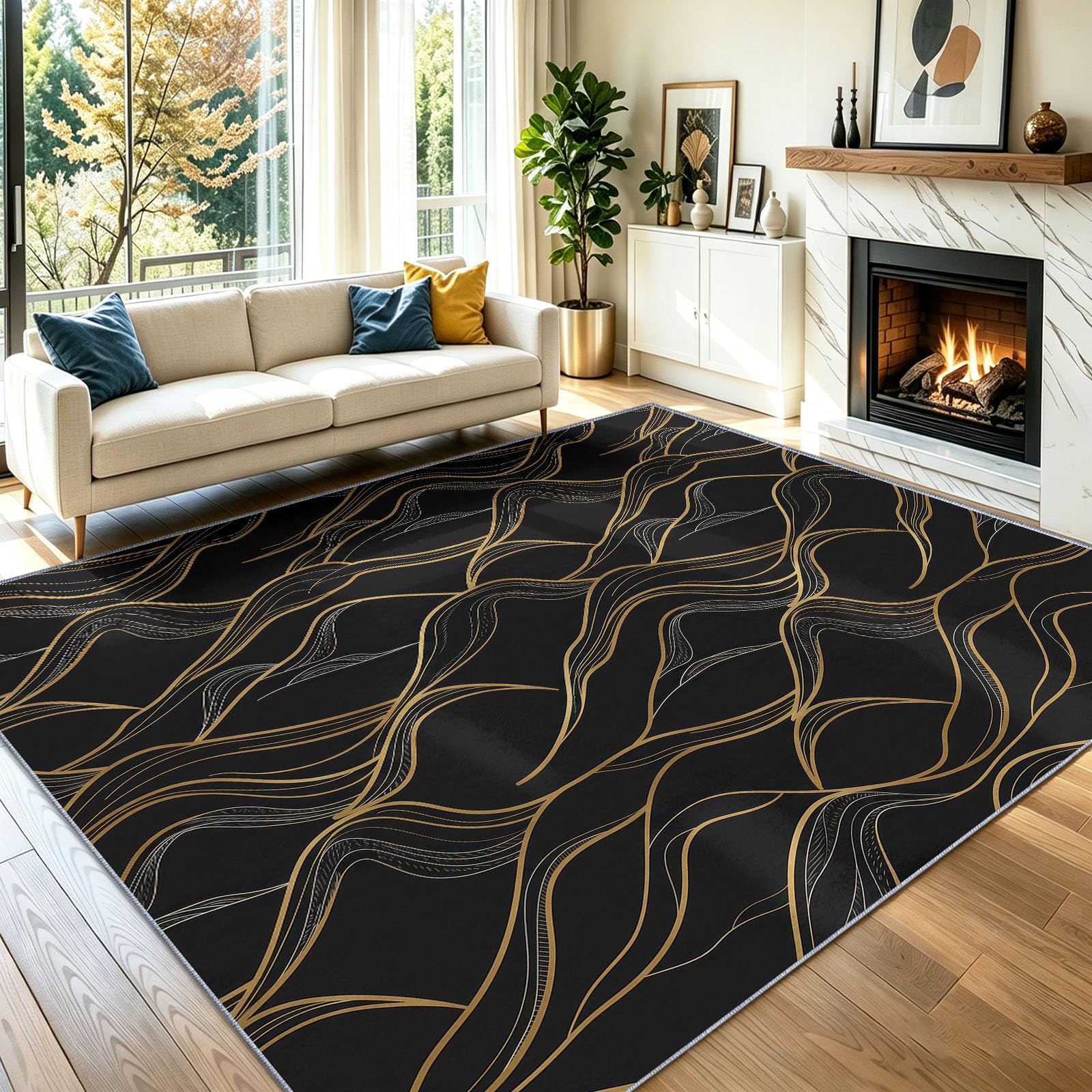 Tapis Salon Moderne Luxueux 160 x 230 cm, Montagnes Géométrique Motifs Ondulés Lignes Lavable en Machine Tapis, Noir AntidéRapant Poil Ras Moquette pour Chambre Salle a Manger Descente Bureau Cuisine