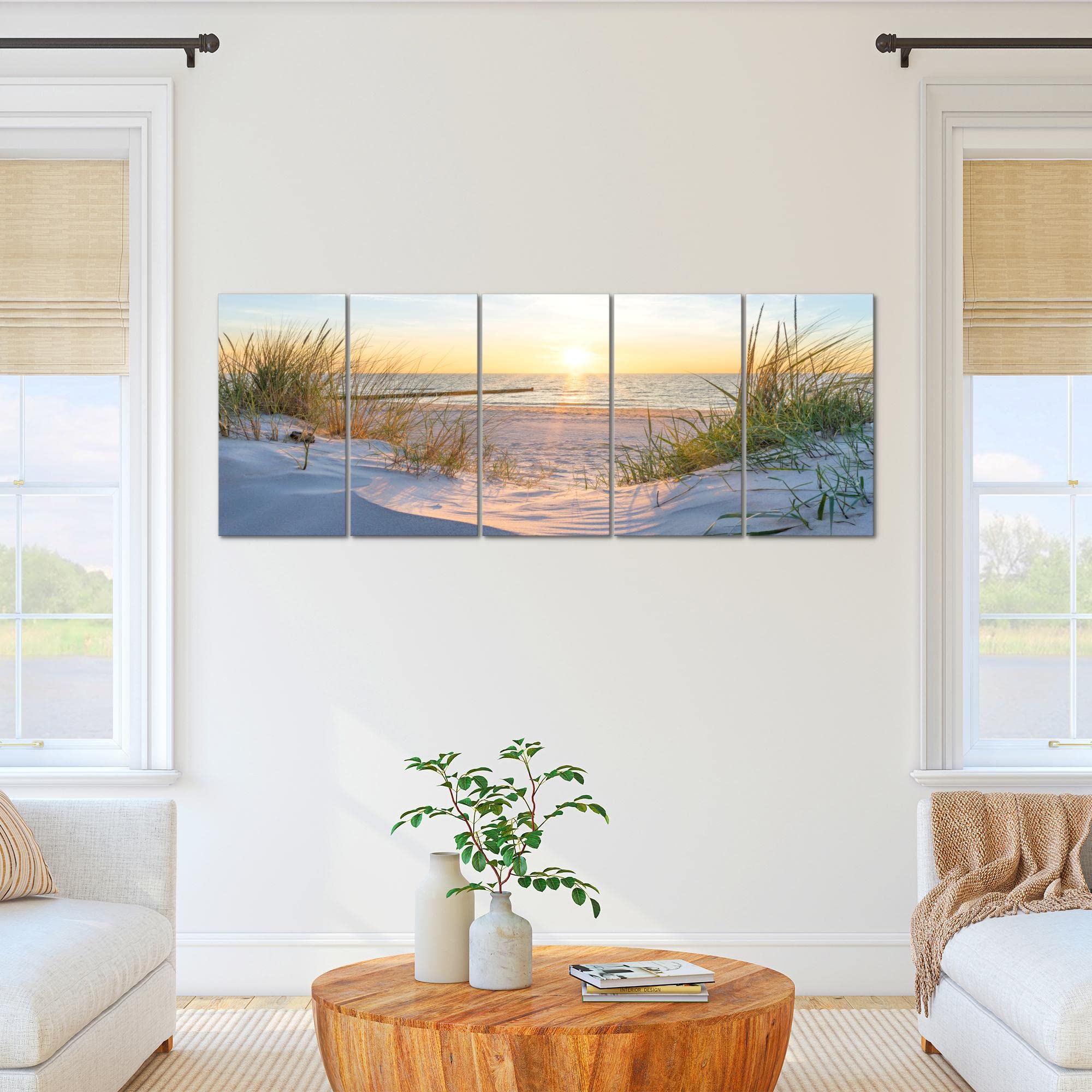 Runa Art Wandbild XXL Strand Sonnenuntergang Schlafzimmer Wohnzimmer 200 x 80 cm Blau Beige 5 Teilig - Made in Germany - 041755a