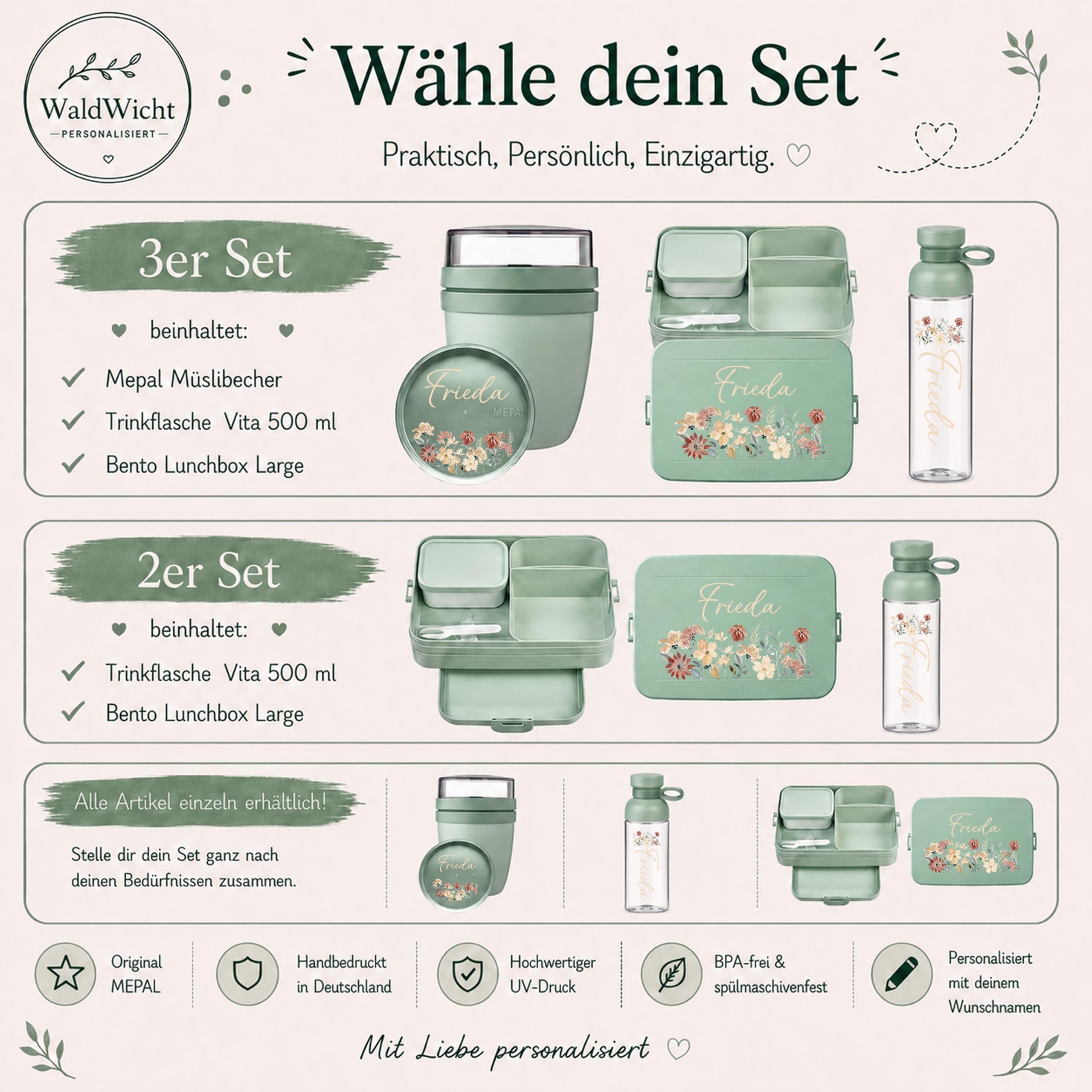 Mepal Personalisierte Brotdose Trinkflasche | Blumenwiese Blumen Design