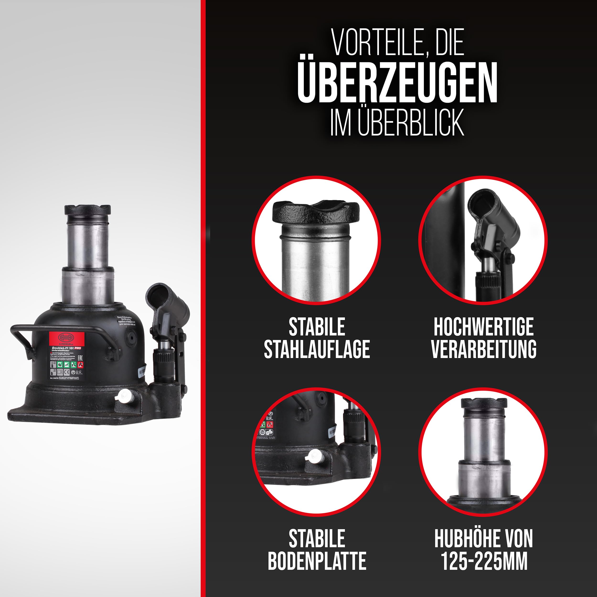 HEYNER® Wagenheber Doppelhub-Unterstellheber Flaschenwagenheber hydraulischer Stempelwagenheber 10t extra flach für SUV/PKW