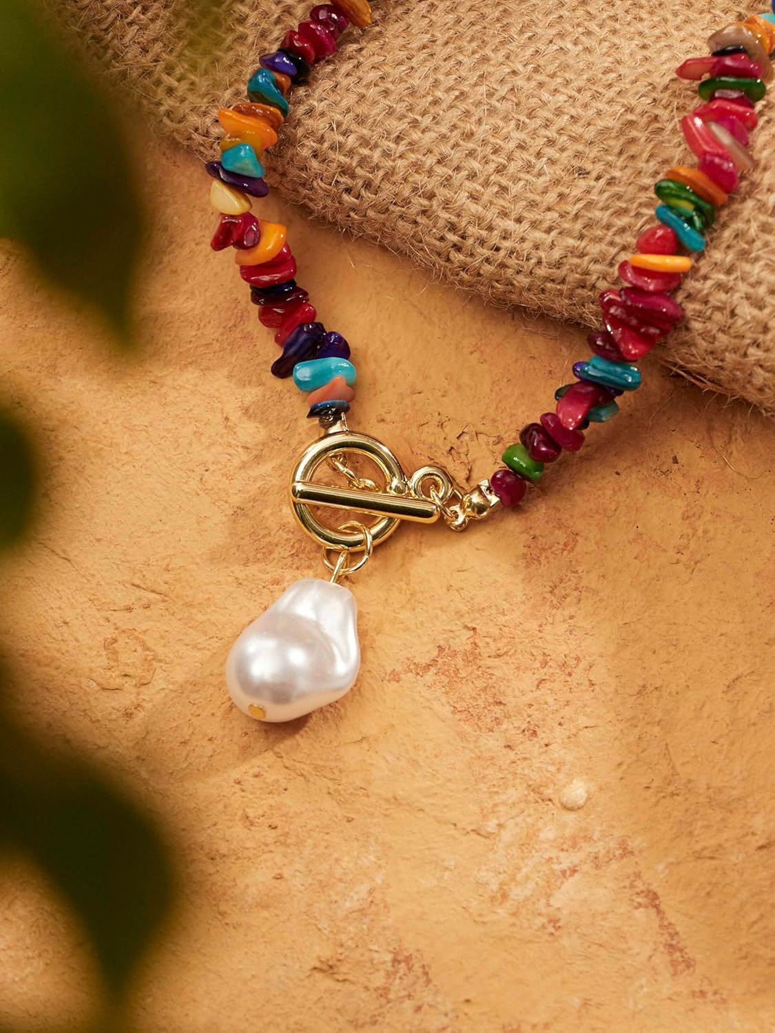 MINACHI Bohemian Colorful Gravel Beads Necklace, Irregular Imitation-Pearl Pendant, Summer Beach Vibe Jewelry for Women - Image 7