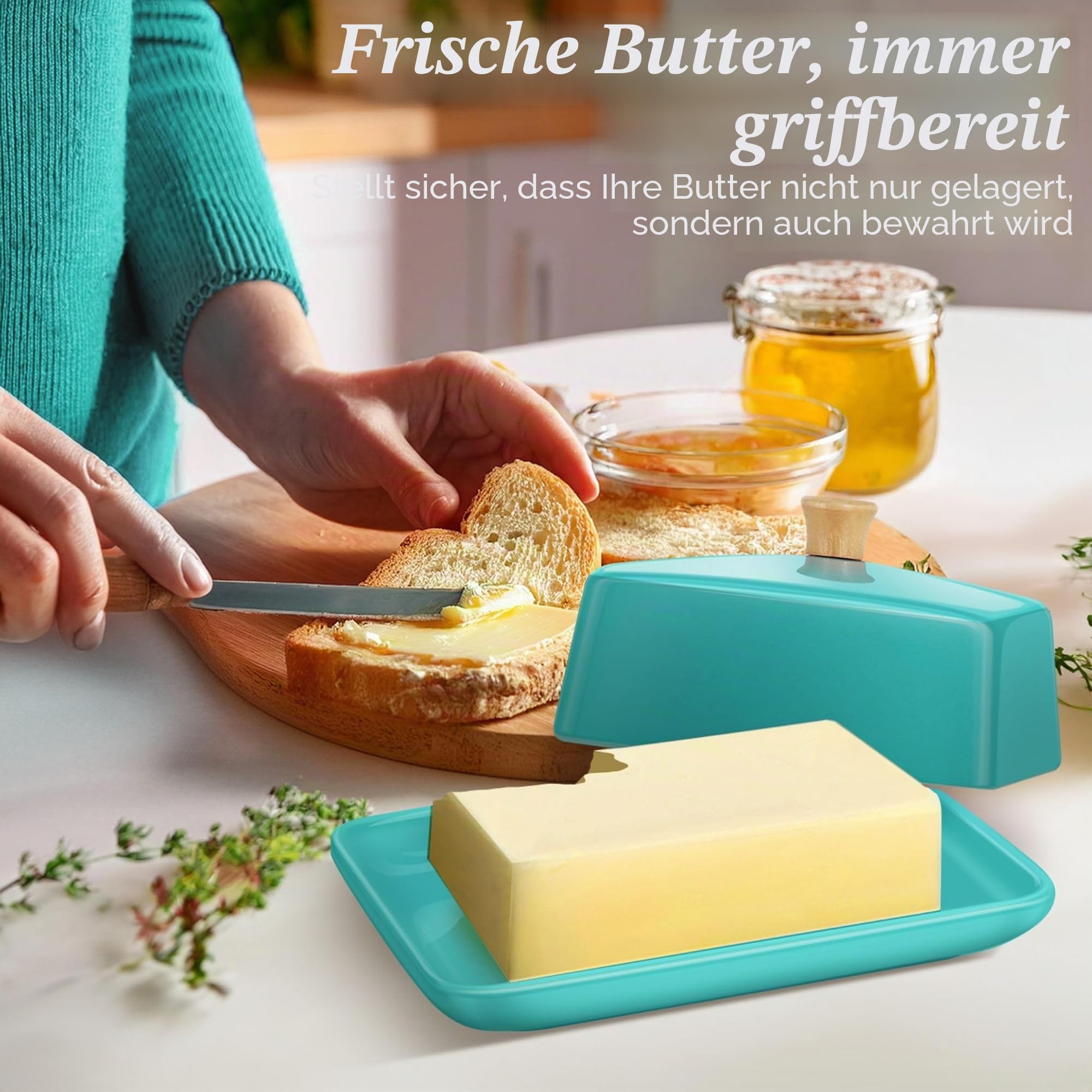 Flexzion Keramische Blau europäische Butterdose mit Deckel für die Arbeitsplatte (20,3 cm) – breite Doppel-Butterdose für 2 Stangen, Aufbewahrung für Frischkäse