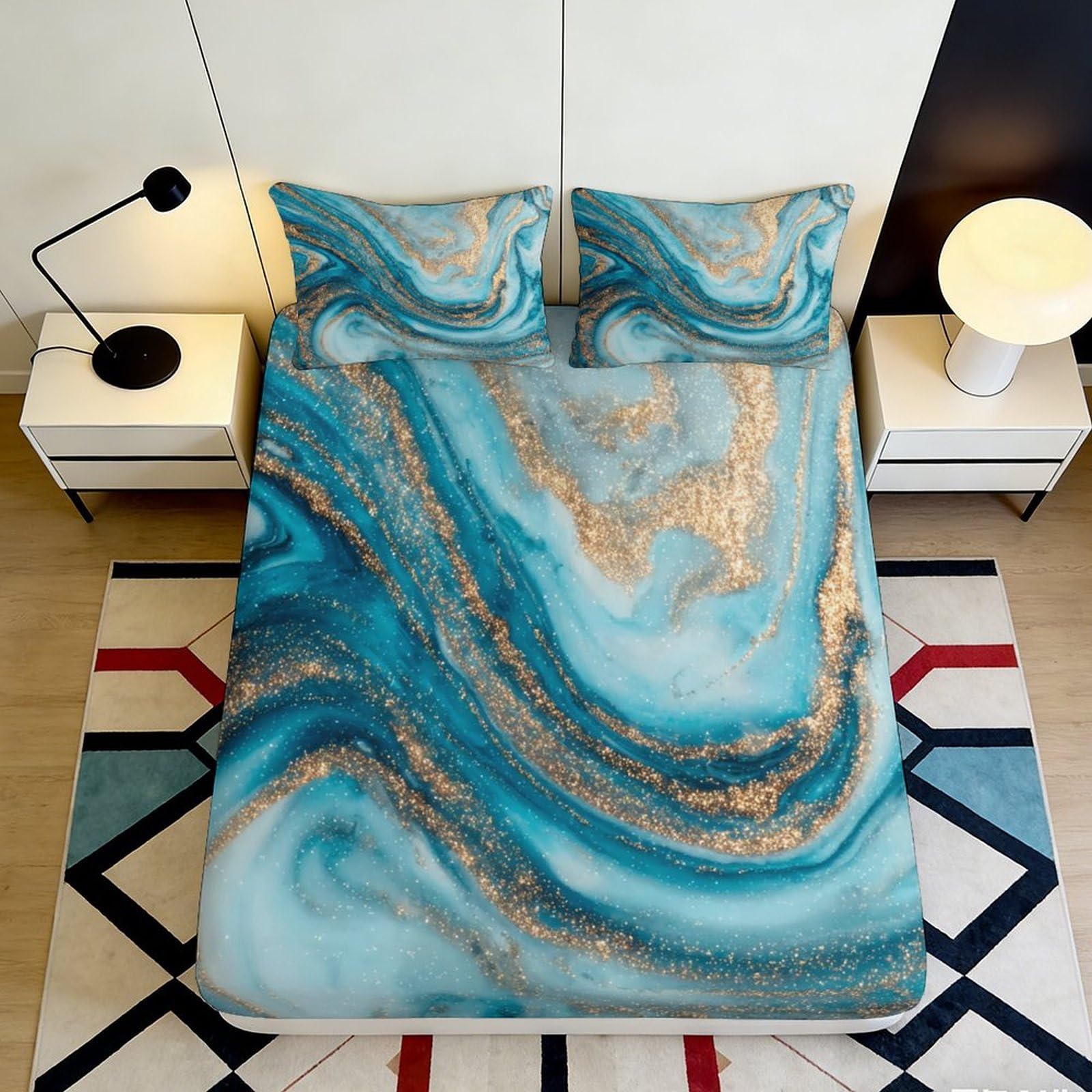 Pnayamiorkfel Style-5 3D Printed Blue Marble Swirl Fitted Sheet Microfiber Bed Cover Gold Glitter Effect For Bedroom Decor Mattress Protection 90X200x25cm