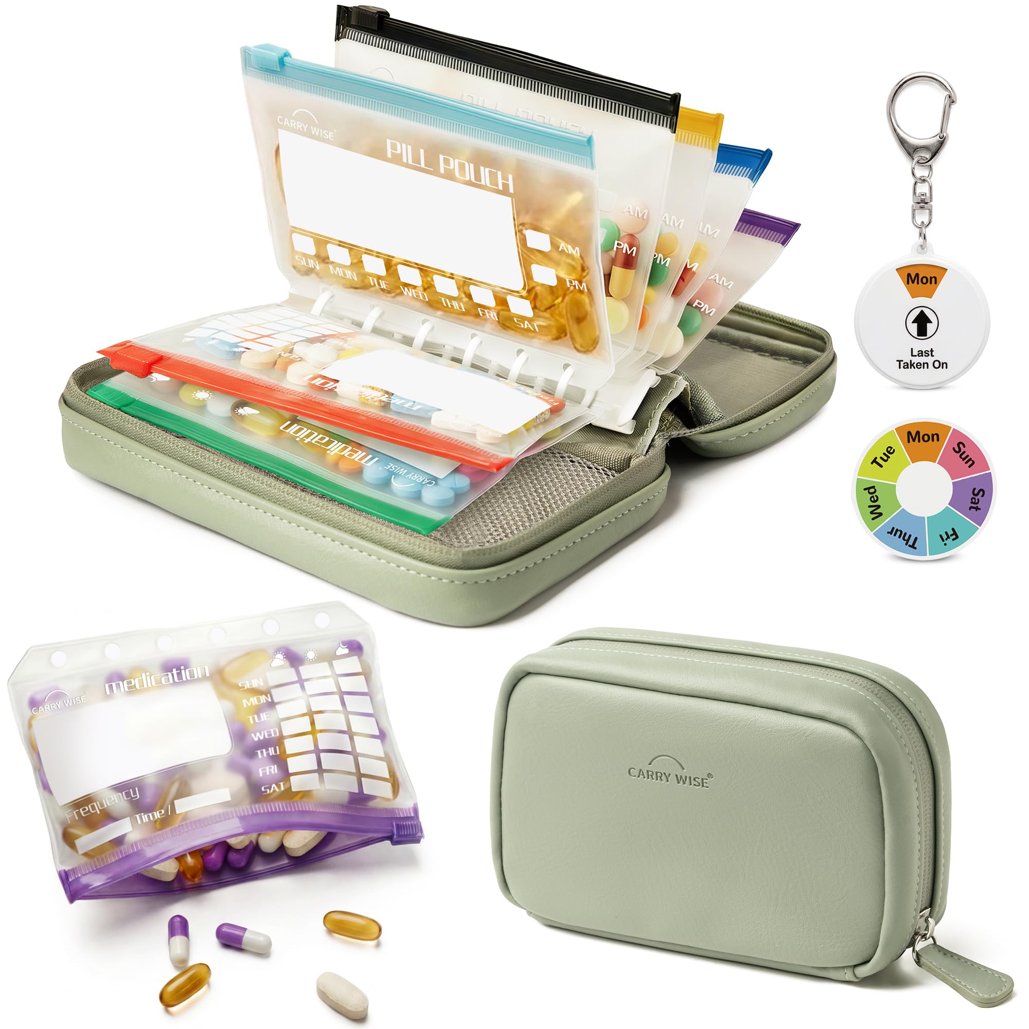 Weekly Pill Organizer,Vegan Leather Travel Medicine Bag - Pill Container with 7 Color-Coded Resuable Waterproof Pills Pouches, Dual-Sided Labeling
