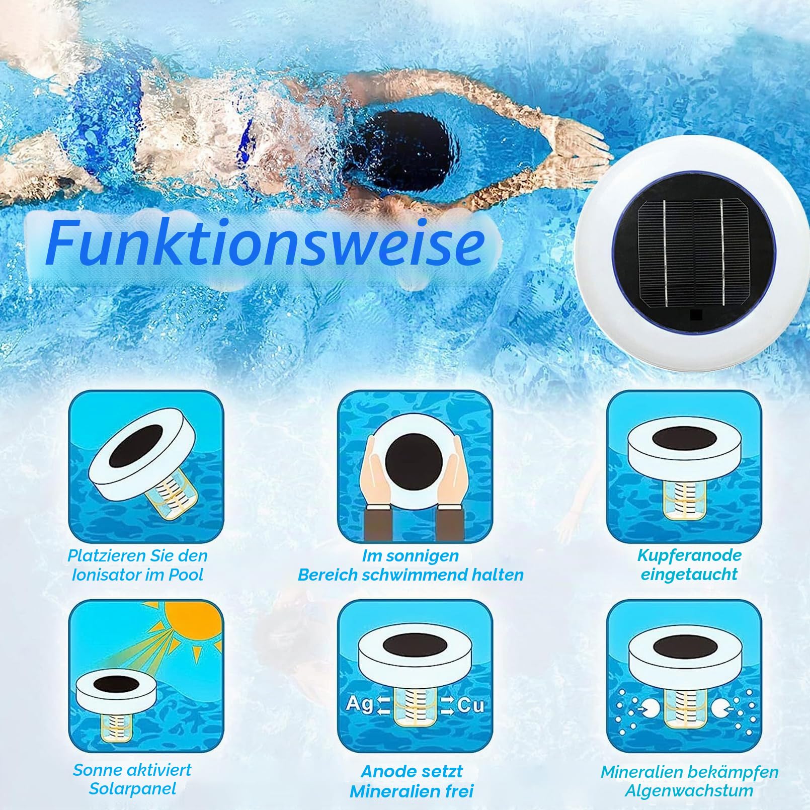 Solarpool Kupfer -Ionisator für Oberirdische Pool, Reinigen Sie 85% Weniger Chlor, Automatischer Poolreiniger Bis Zu 45000 Gallonen Töten Algen Halten Sie Den Pool Sauber