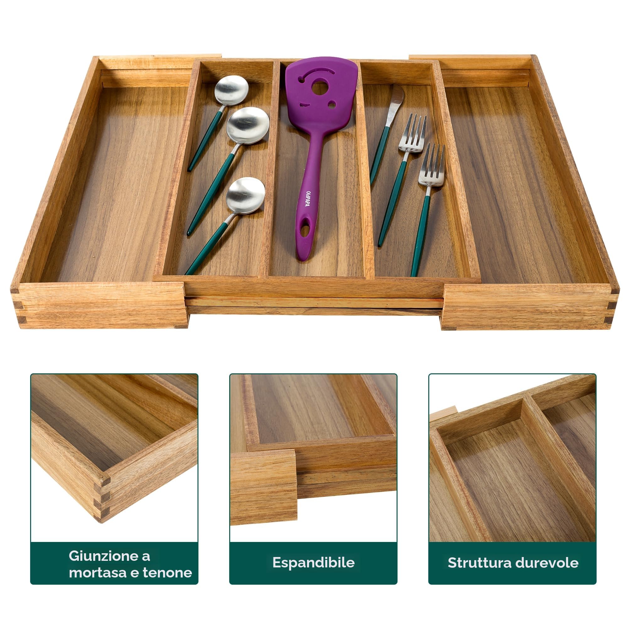 Utoplike Organizer per cassetti da cucina in acacia, espandibile