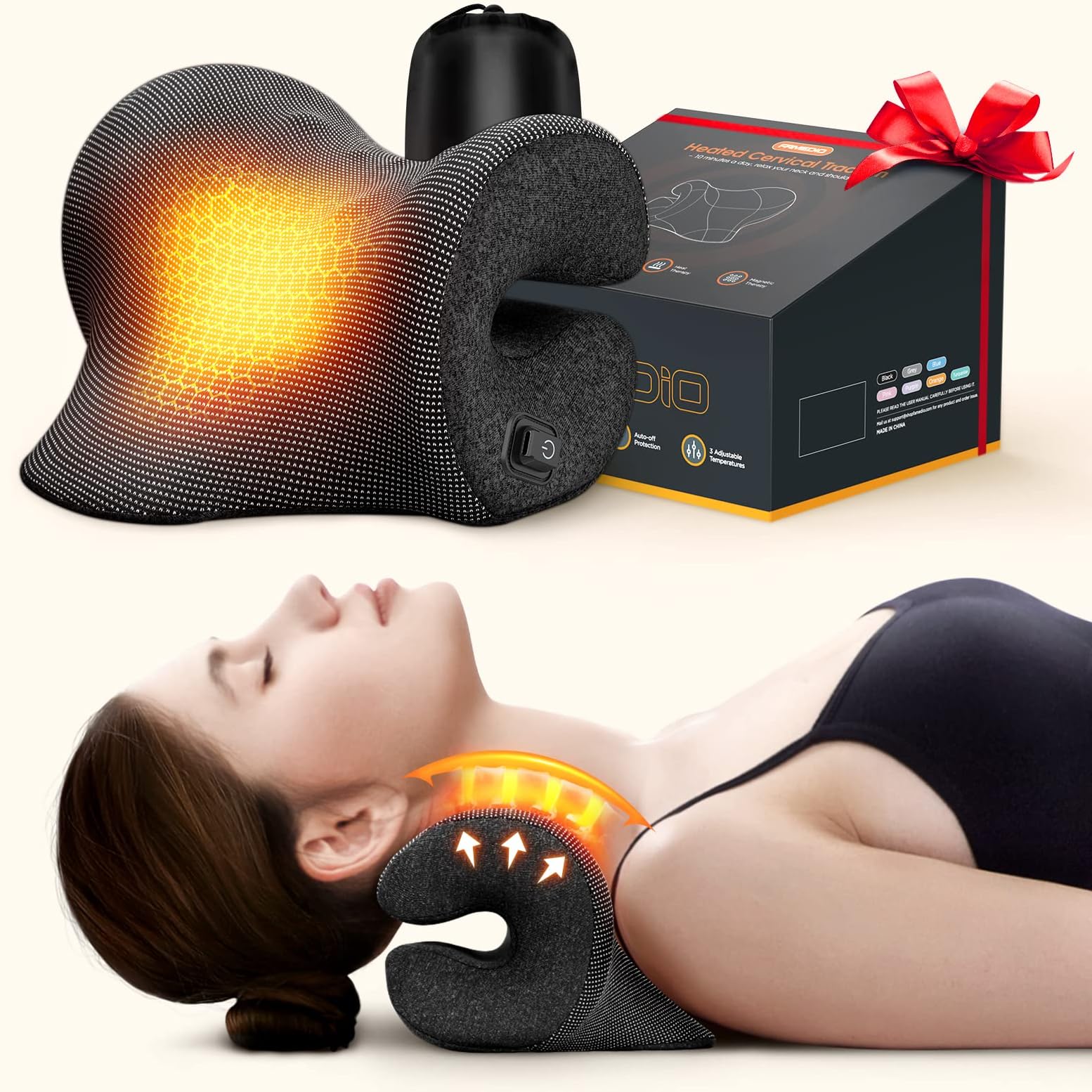 Famedio 3s Heated Neck Stretcher for Pain Relief, Magnetic Therapy Case/Graphene Heating Pad, Cervical Traction Pillow Device No Smell, and Shoulder Relaxer TMJ Migraine Spine Alignment