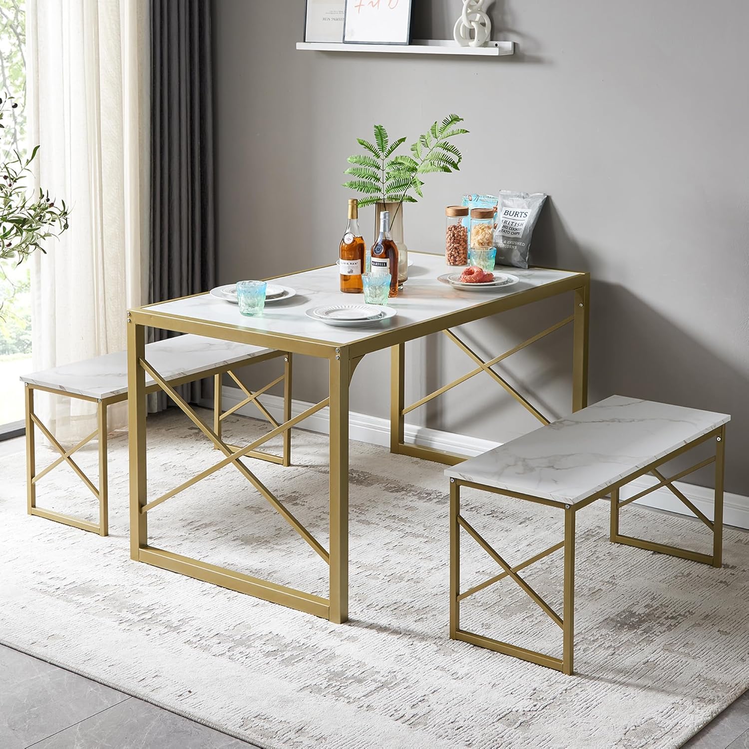 VECELO 55” Kitchen Dining Table Set for 4, Heavy-Duty Steel Frame &amp; Wood-Grain Tabletop, Space-Saving Dinette Sets with 2 Benches for Breakfast Nook and Small Space, Golden
