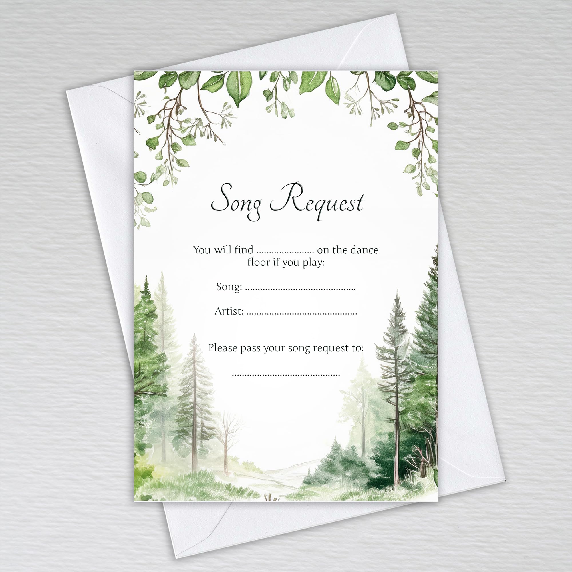 Webspectations Woodland Song Request Cards with Envelopes/Tree Themed: Green Forest DJ Song Request Cards (Pack of 50 with Envelopes)