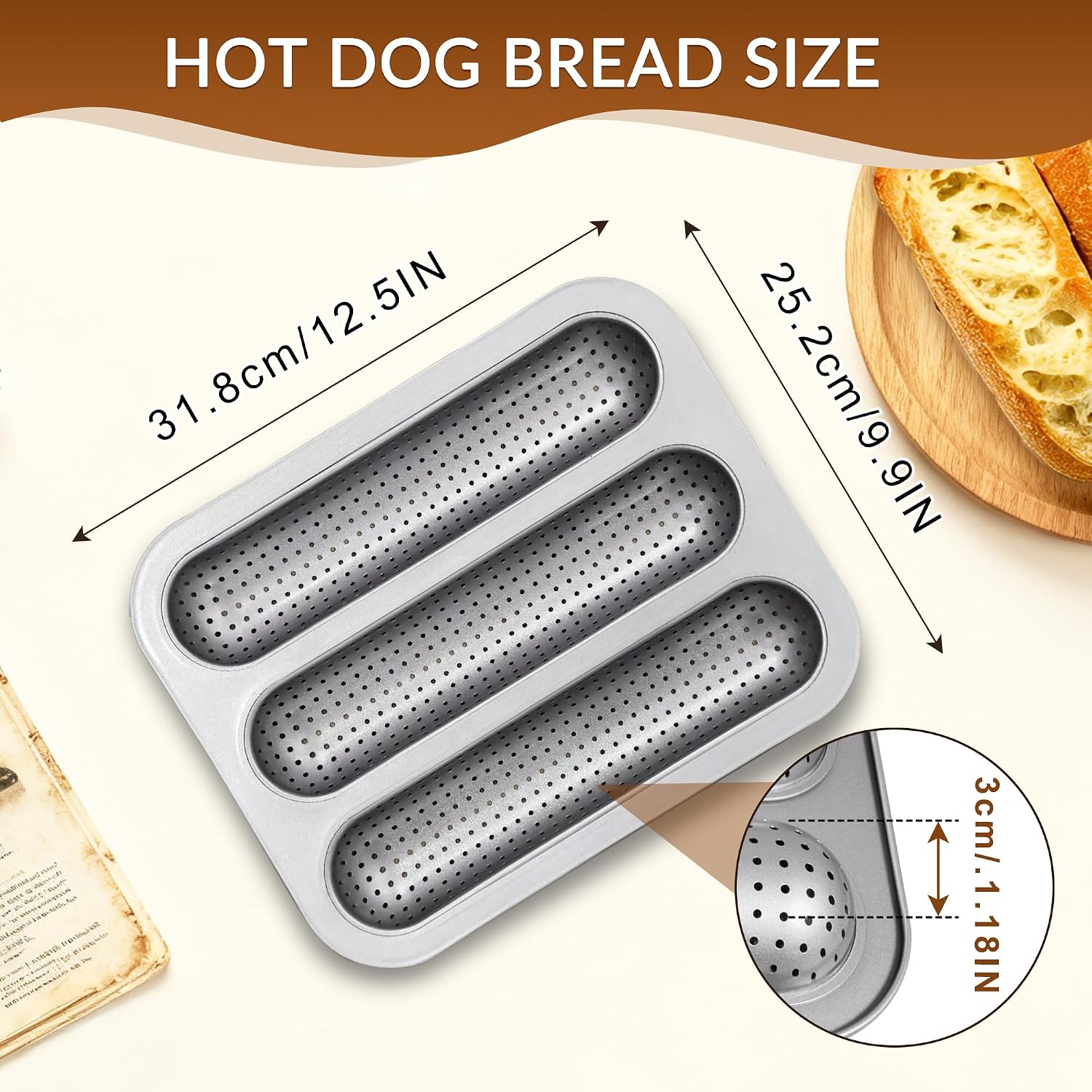 Hot Dot Bun Pan, Perforated Carbon Steel Bread Loaf Pan, Non-Stick Hot Dog Bun Baking Tray, Mini Baguette Sandwich Baking Tray for Hot Dog Bun Rolls, Silver 2 Pack