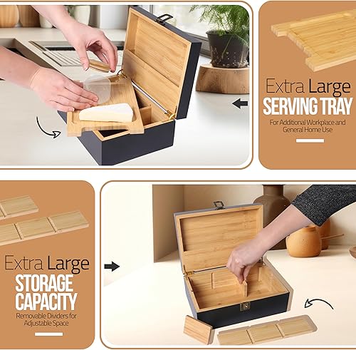 Miniatura 6 de Caja de almacenamiento decorativa de bambú negro, contenedor de madera con cerradura con bandeja grande de bambú, 2 tarros herméticos e insertos