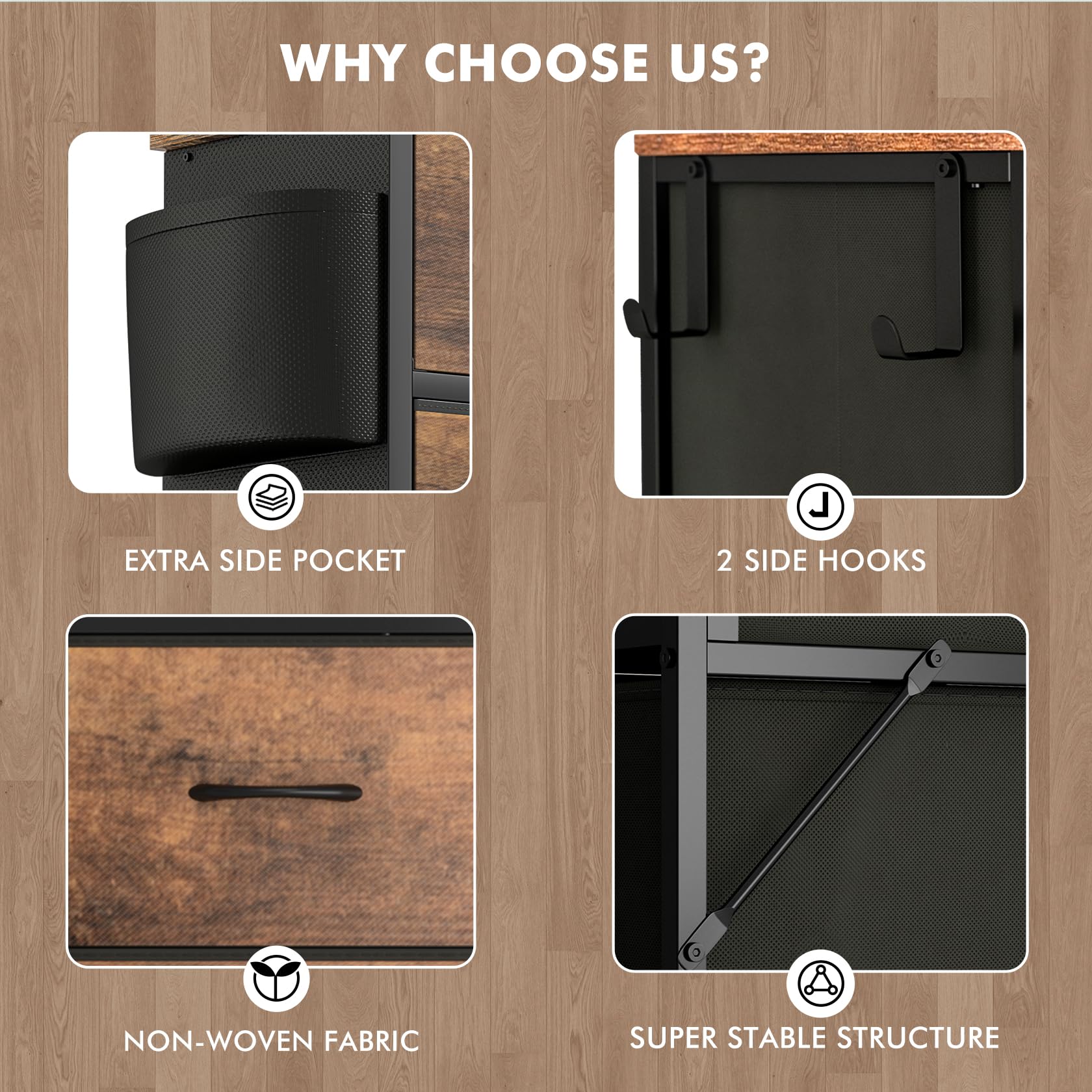 Lulive Cassettiera Con 10 Cassetti In Tessuto E Legno MDF – Comò Con Tasche Laterali E Ganci, Per Camera Da Letto, Soggiorno O Corridoio, Colore Nero - 2