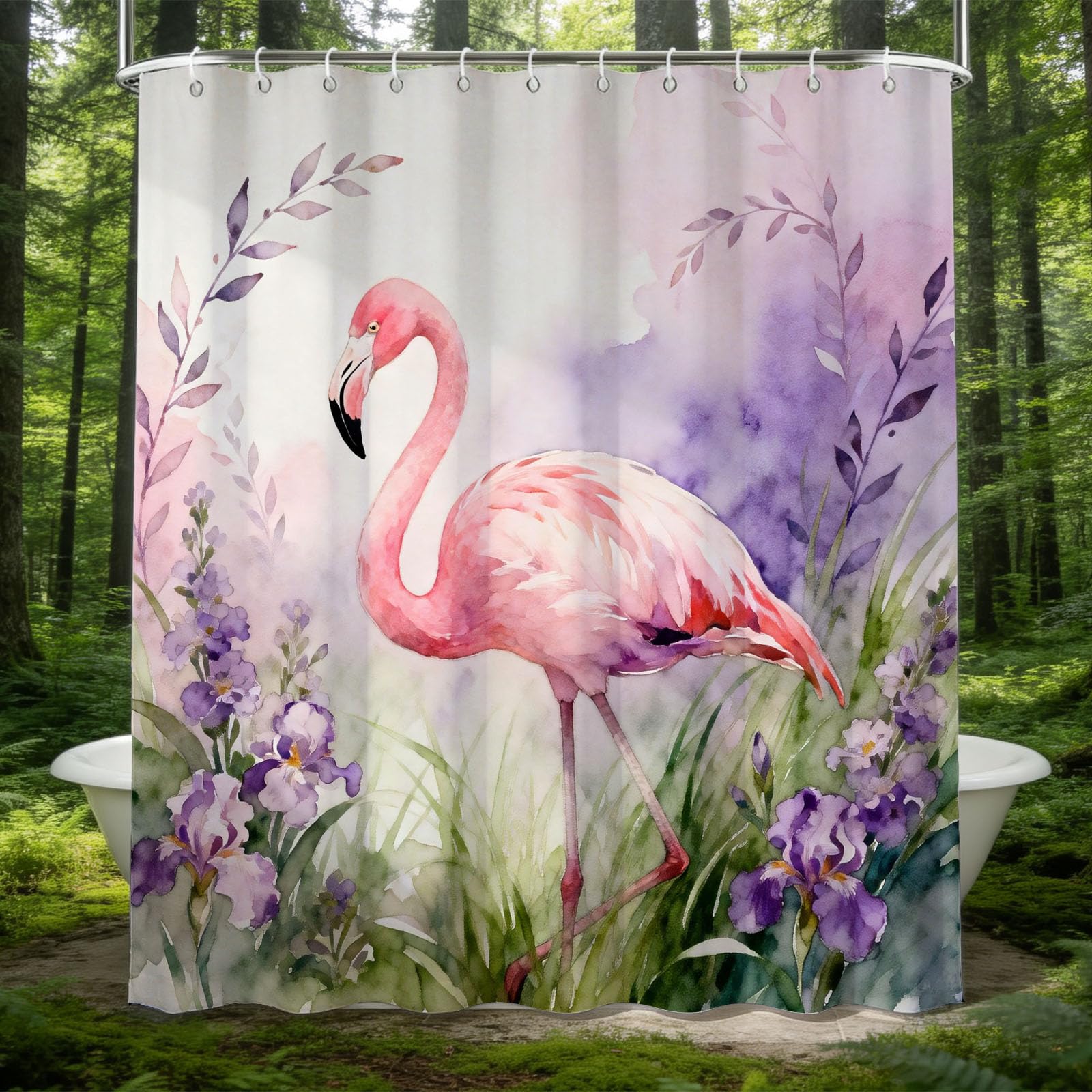 Hongduo White 3D Pink Flamingo Shower Curtain For Stalls Bathtubs Natural Theme Bathroom Decor Shower Curtain Set Polyester Fabric Waterproof 180X200cm/71X79 Inch With Hooks