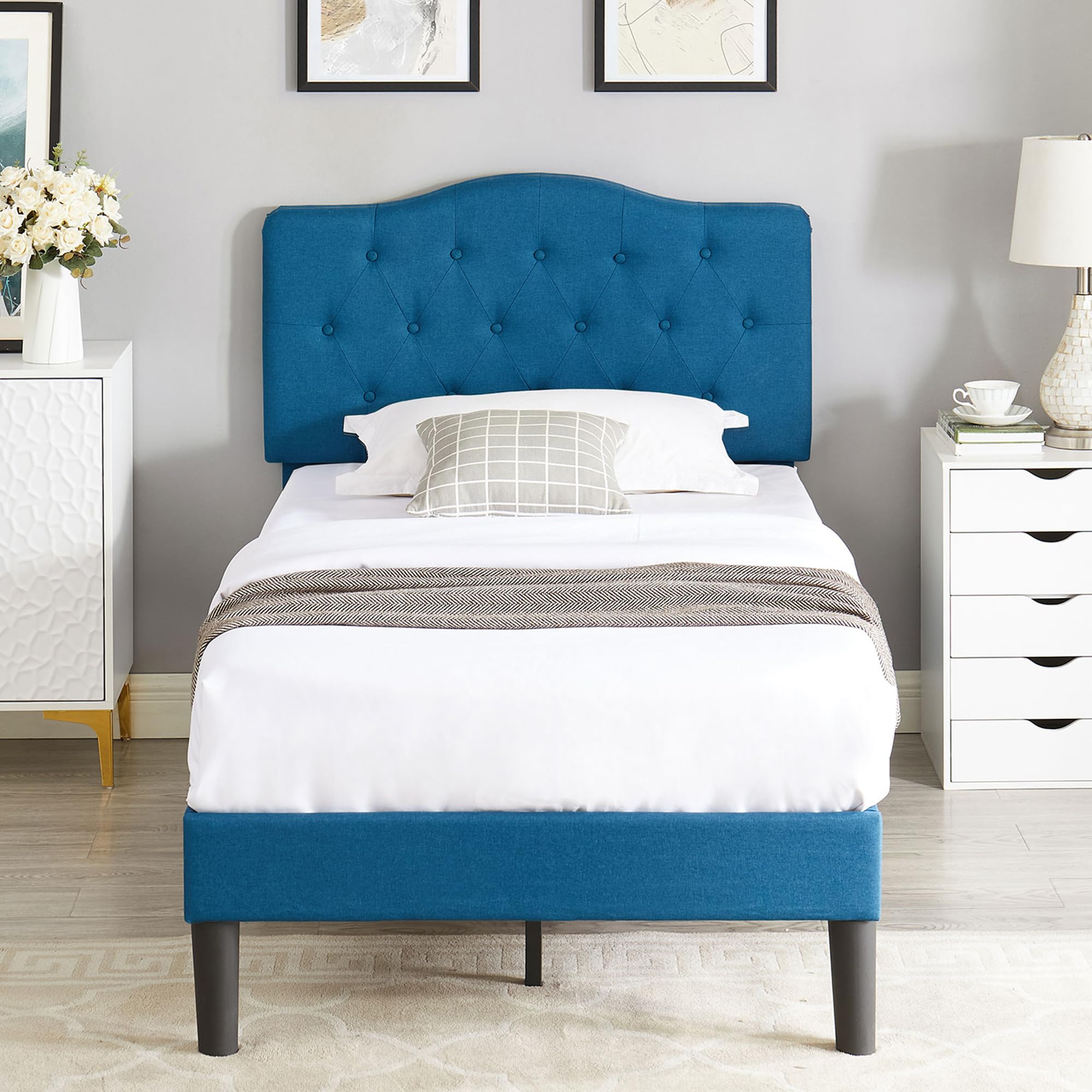 VECELO Twin Classic Upholstered Platform Bed Diamond Stitched Cloth Panel Headboard/Mattress Foundation/Easy Assembly/Strong Slat Support,Blue