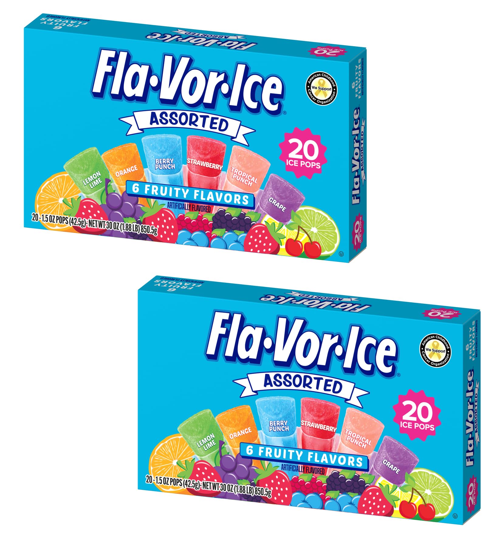 The Jel Sert Company Fla-Vor-Ice Assorted Flavors - Pack of 2-20 Ice Pops Per Box - 40 Total Ice Pops - 6 Fruity Flavors - Lemon Lime, Orange, Berry Punch, Strawberry, Tropical Punch, and Grape