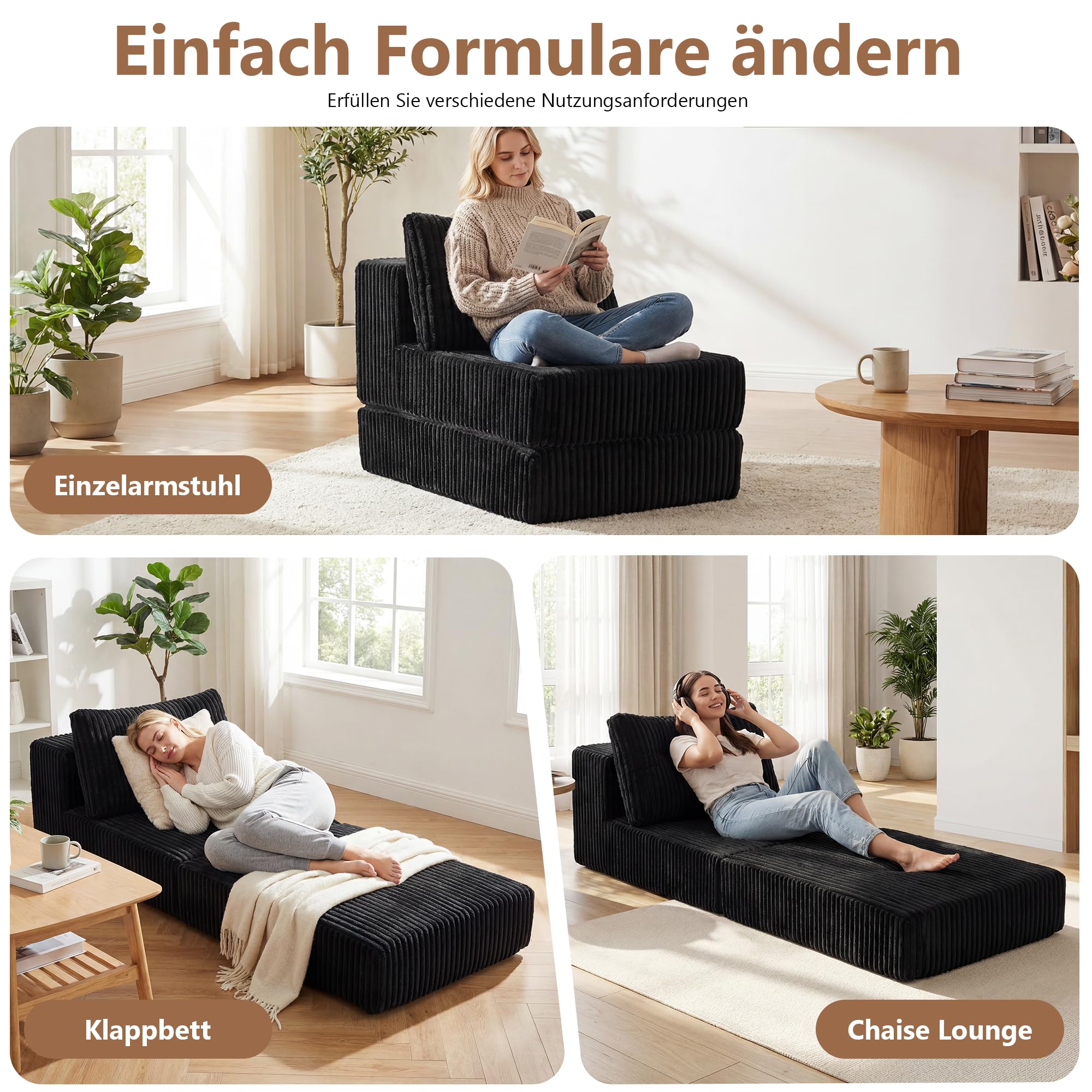 ROCSUMOO Faltbares Schlafsofa Bed, Schlafsessel (Schwarz, Einzelplatz)