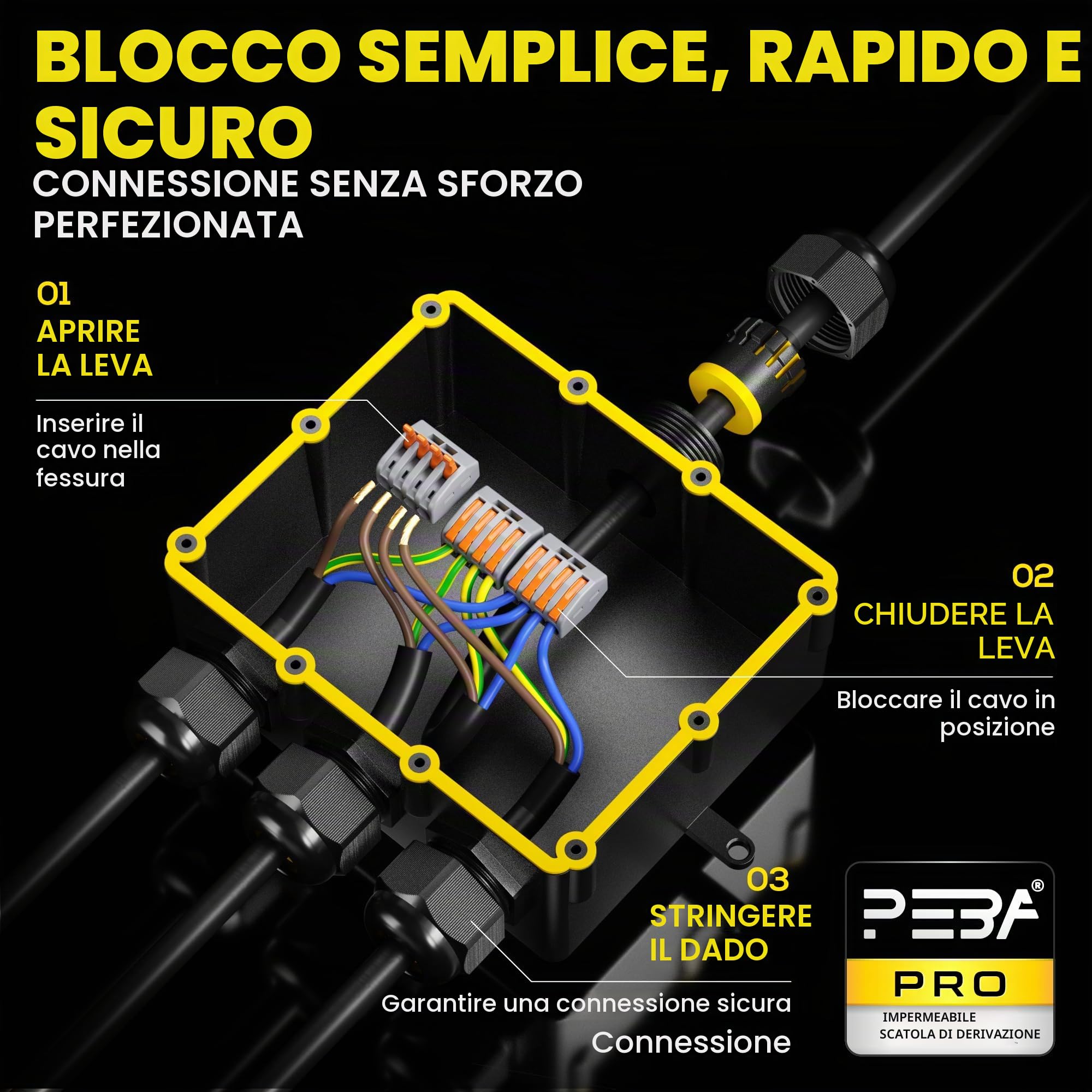 PEBA Scatola di Giunzione Impermeabile IP68, Connettori Elettrici, 4 vie Connettore Stagno Manicotto di Collegamento Cavo Sotterraneo del Area Esterna per Diametro del Cavo 4-14mm, Nero 2 pezzi