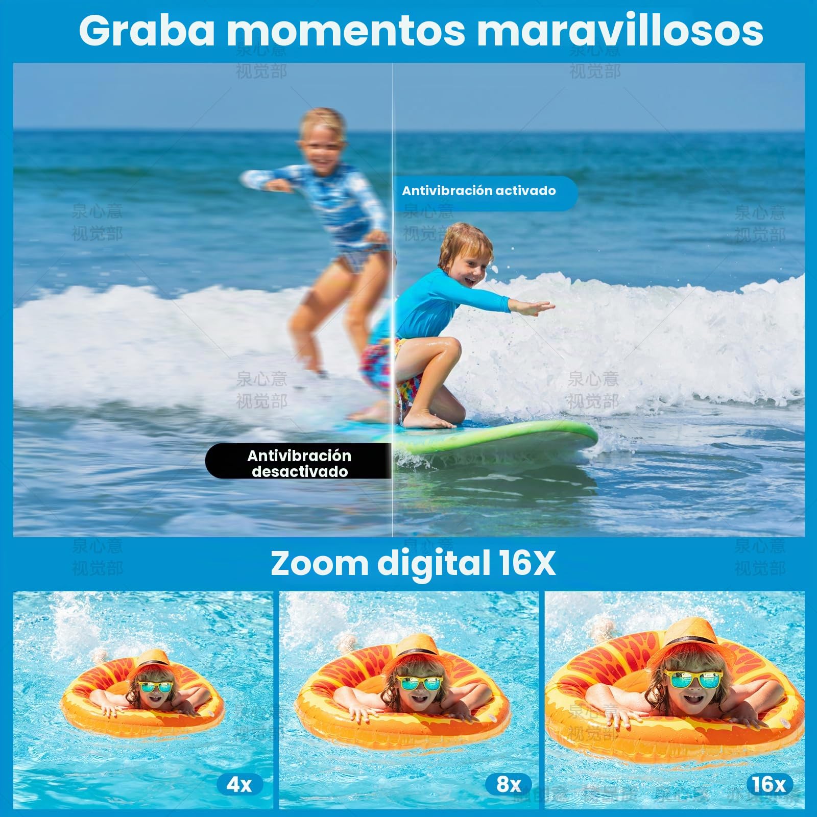 Cámara Digital Impermeable, Cámara Submarina HD 2.7K 48MP con Doble Pantalla para Buceo 3M para Nadar, Zoom Digital 16X Anti-Vibración, Azul
