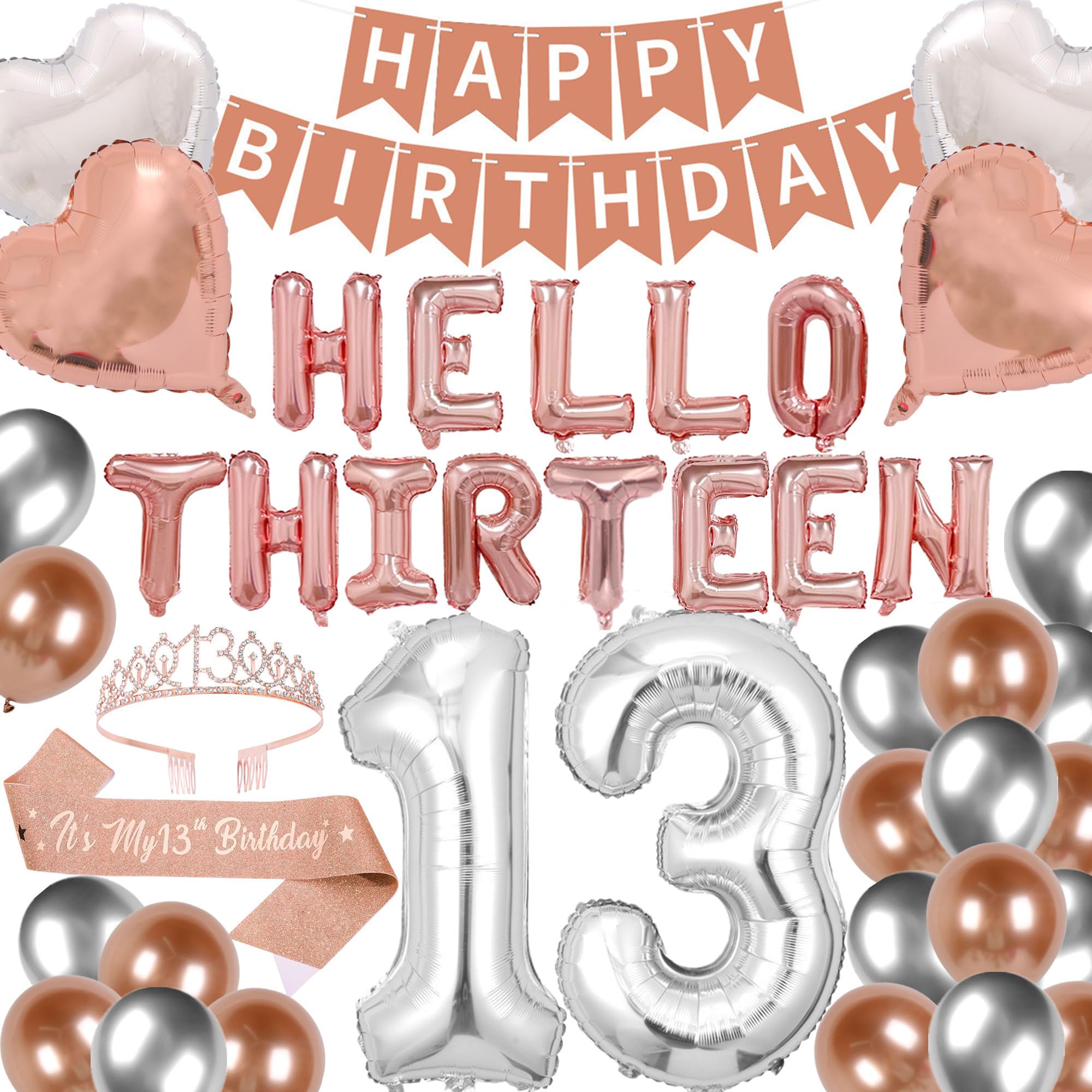 13th Birthday Party Decorations Hello Thirteen Birthday Party Balloons Silver 13th Birthday Tiara Sash Happy Birthday Banner for 13 Year Old Girls