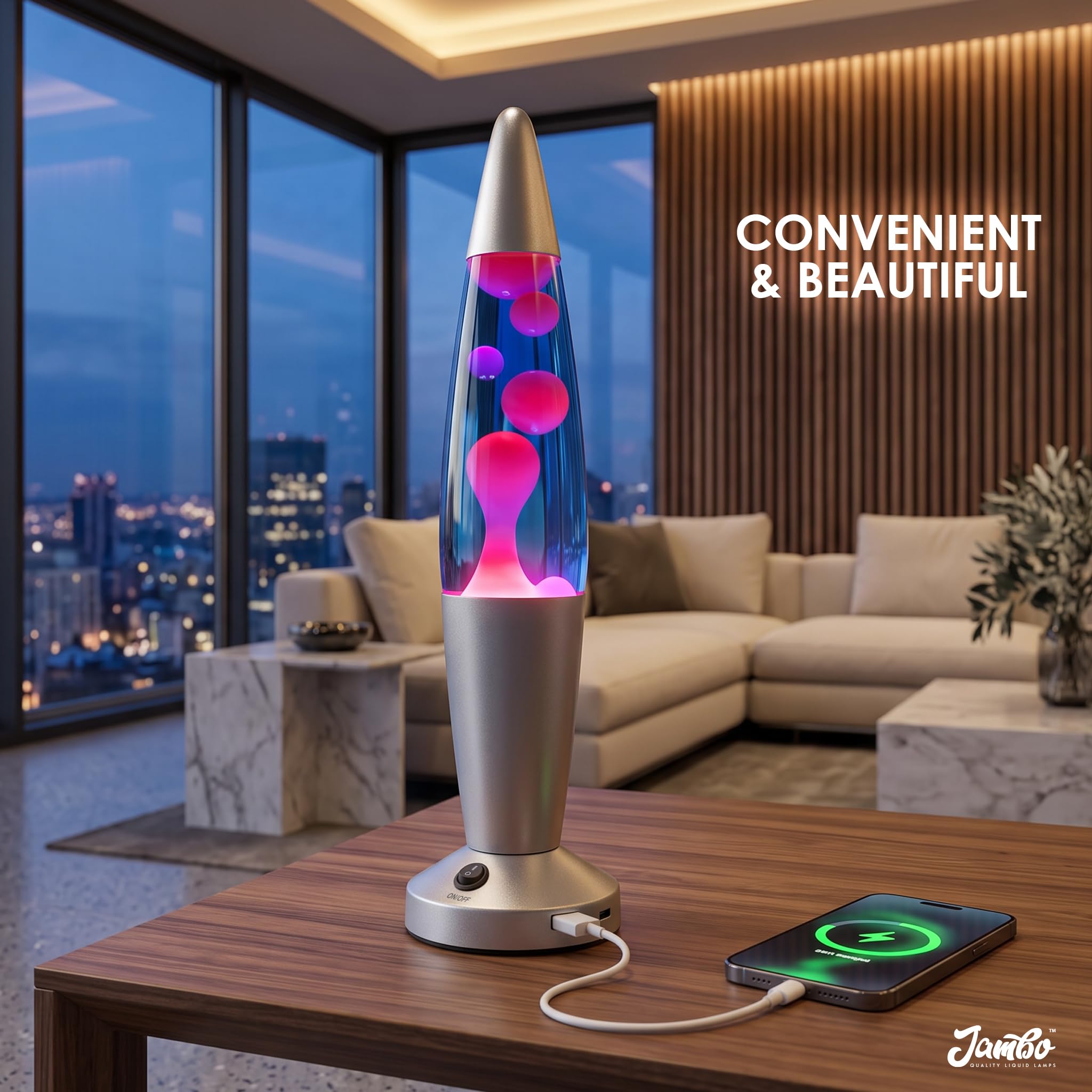 JAMBO Lampa z płynnym ruchem USB, nastrojowa lampa, wystrój domu, lampa do salonu, uspokajające światło ruchu, relaksująca lampka nocna, lampka nocna, 40 cm z portami USB (srebrna podstawa, niebieski
