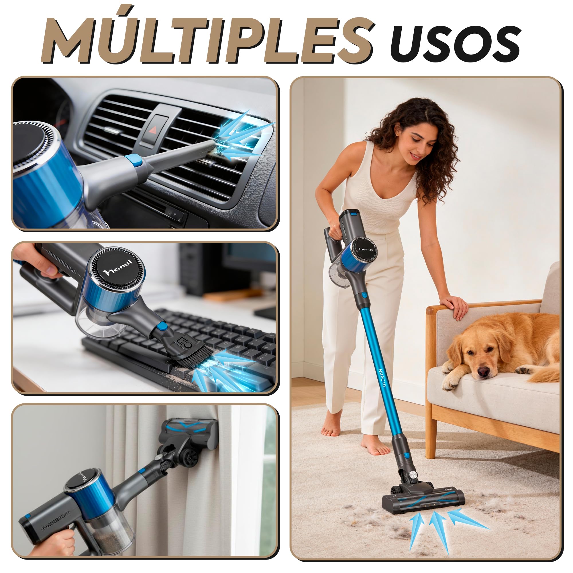 NARVI Aspiradora sin Cable 250W Aspiradora de Mano 20KPA | 6 en 1 Inalámbrica 40 min autonomía, batería extraíble, Cepillo entienredo, filtro HEPA, Ideal para Pelo de Mascotas y Hogar