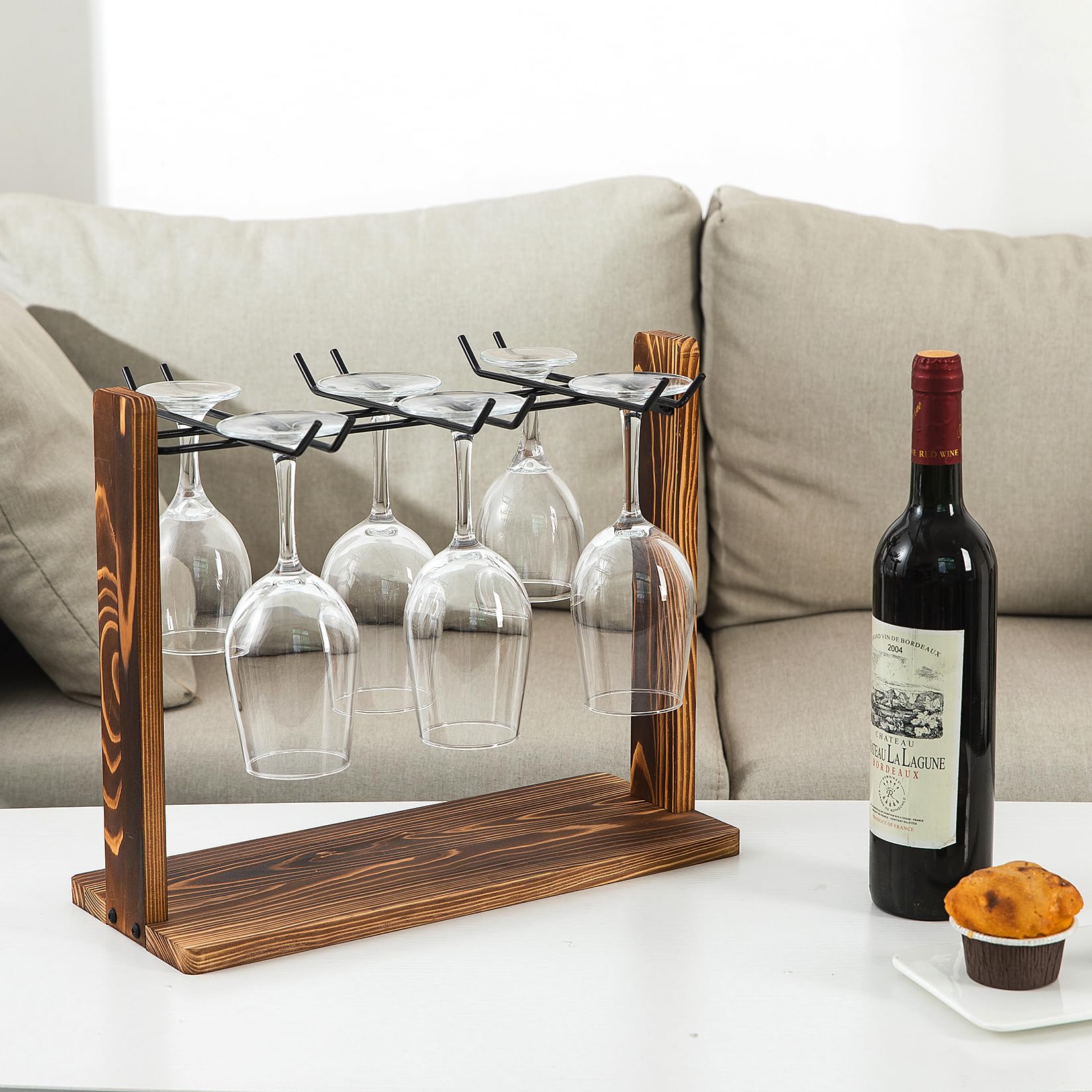 ExoLiry Rustic Wine Glass Hanging Rack Torched Brown Wooden Matte Black Metal Wire 6-Slot Drinking Glassware Holder Champagne Flutes Counter Top Tabletop Drying Displaying Kitchen Bar Dining Table