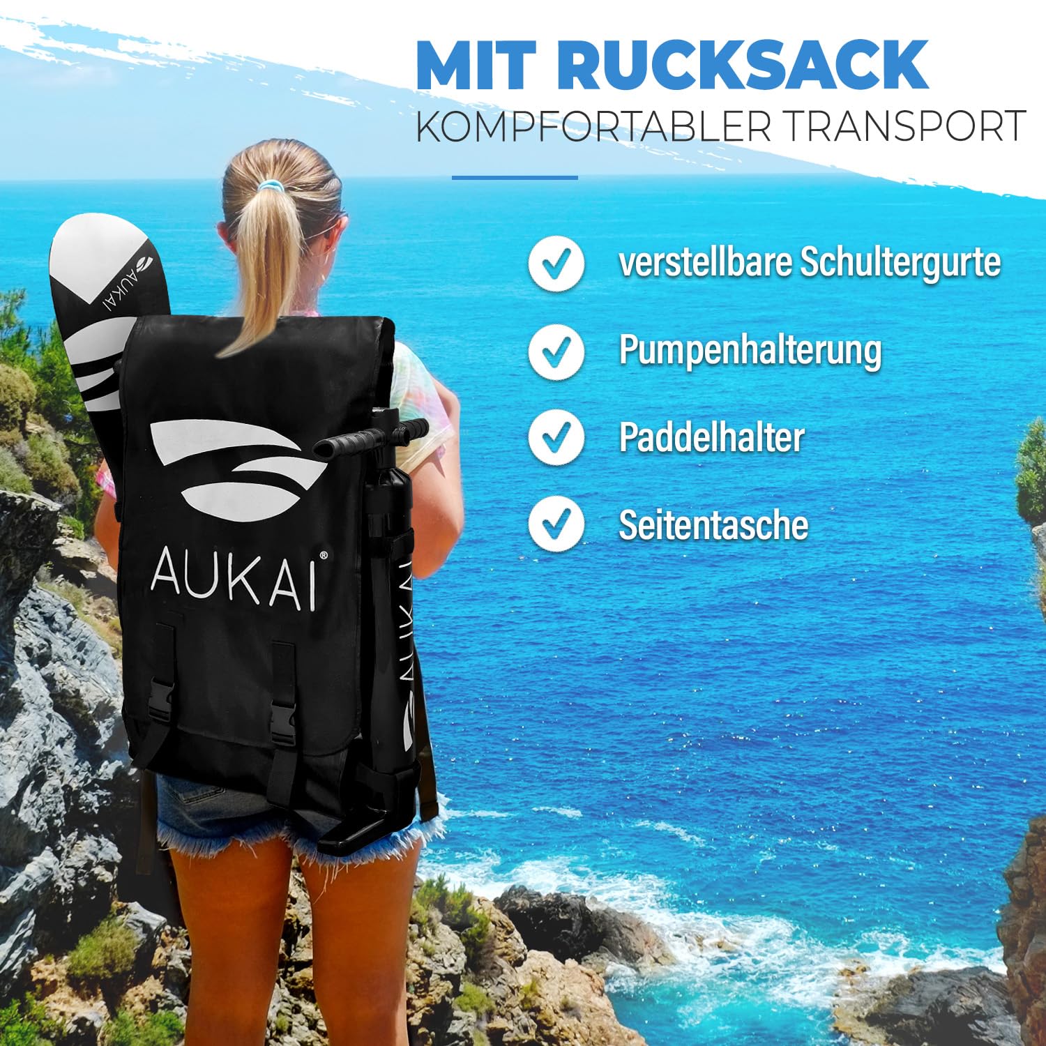 AUKAI SUP Board PRO 320cm | 2in1 Aufblasbares Stand up Paddle Set mit Kajak-Sitz | 5 Jahre Garantie | Komplettsett | Sitz, Action-Cam-Halterung, Pumpe