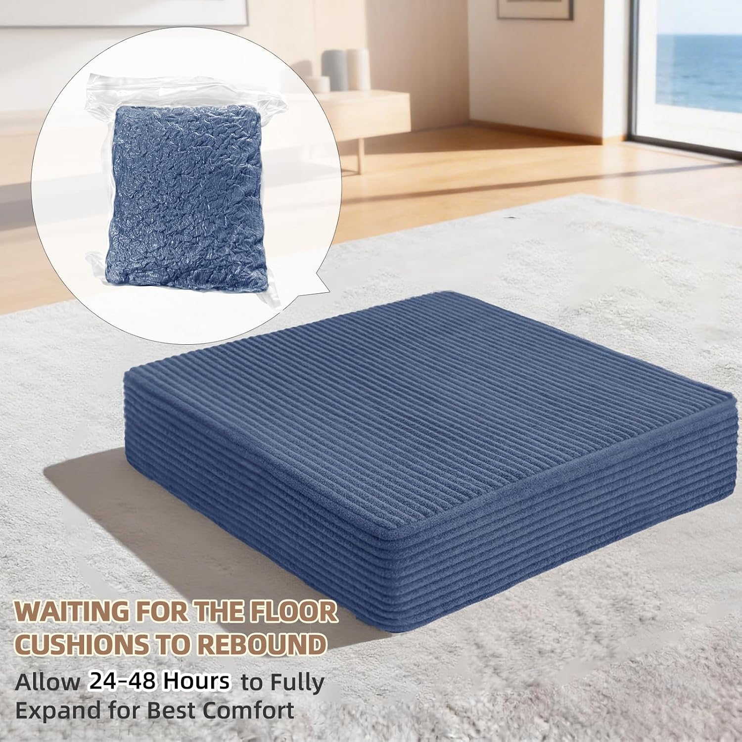 2 Pack Square Floor Cushions, 25.79 * 25.79 * 5 Inch Solid High-Density Foam Core Floor Pillow with Removable Corduroy Cover, Odorless Seat Cushion for Meditation, Living Room, Navy