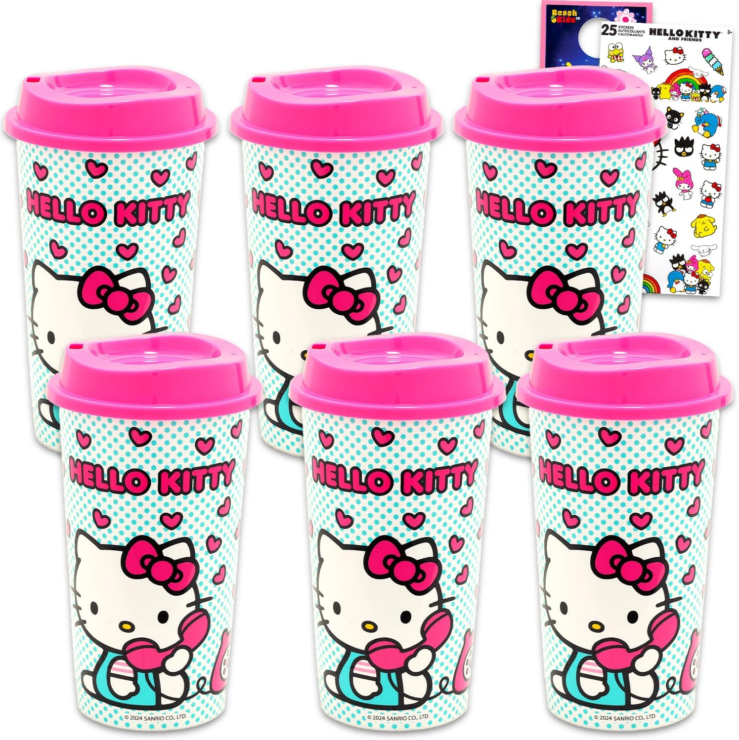 Hello Kitty Travel Cup Set - Bundle with 6 Tumblers with Lids Plus Stickers and More | Hello Kitty Reusable Cup Party Favors for Girls, Teens, Adults