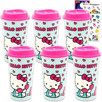 Hello Kitty Travel Cup Set - Bundle with 6 Tumblers with Lids Plus Stickers and More | Hello Kitty Reusable Cup Party Favors for Girls, Teens, Adults