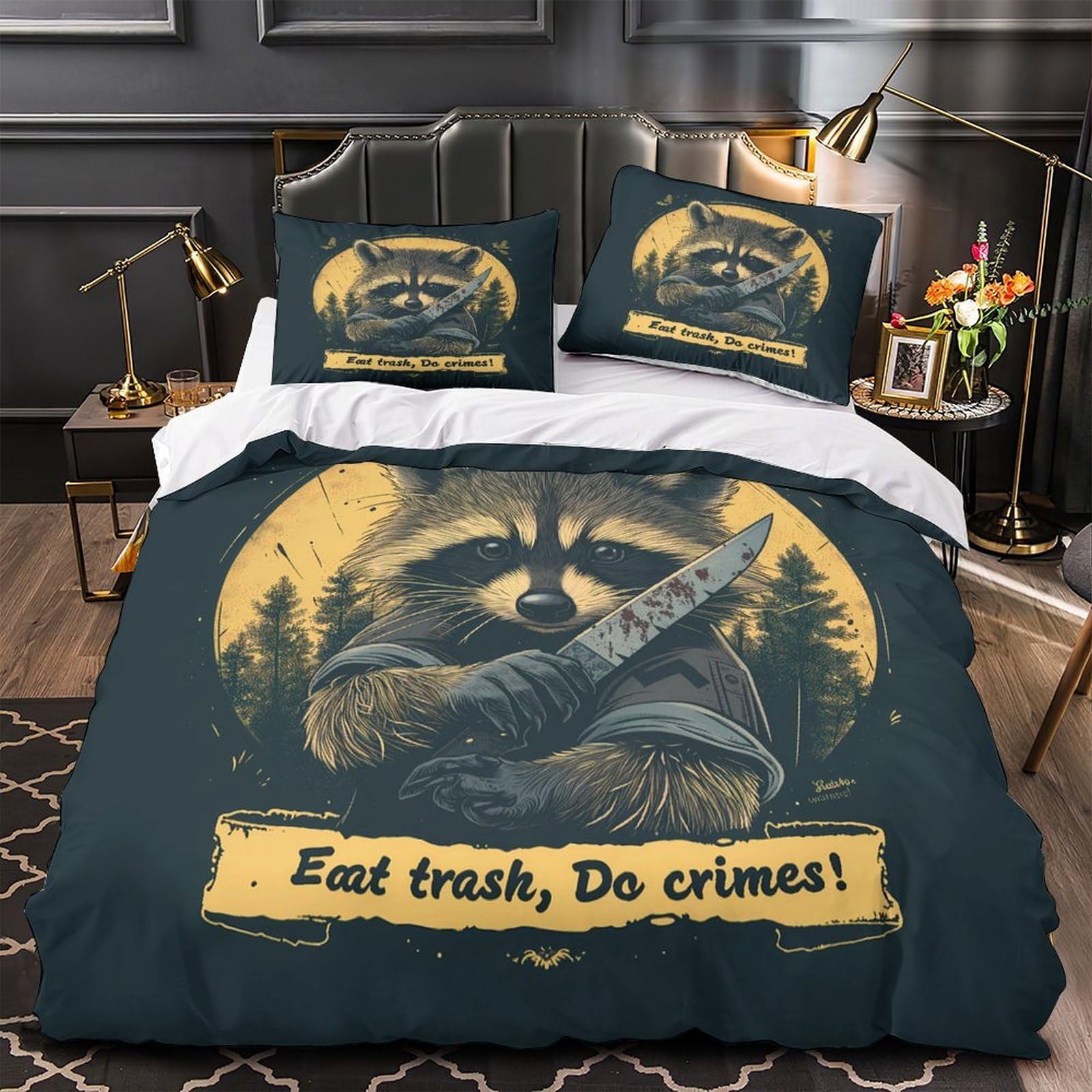 Raccoon mit Messer 3-teiliges Pflegeleichtes Polyester Wildes Tier Art Style Bettbezugset, 2 Kissenbezug, Unsichtbarer Reißverschluss, Für Erwachsene, Babysicher King（220x240cm）