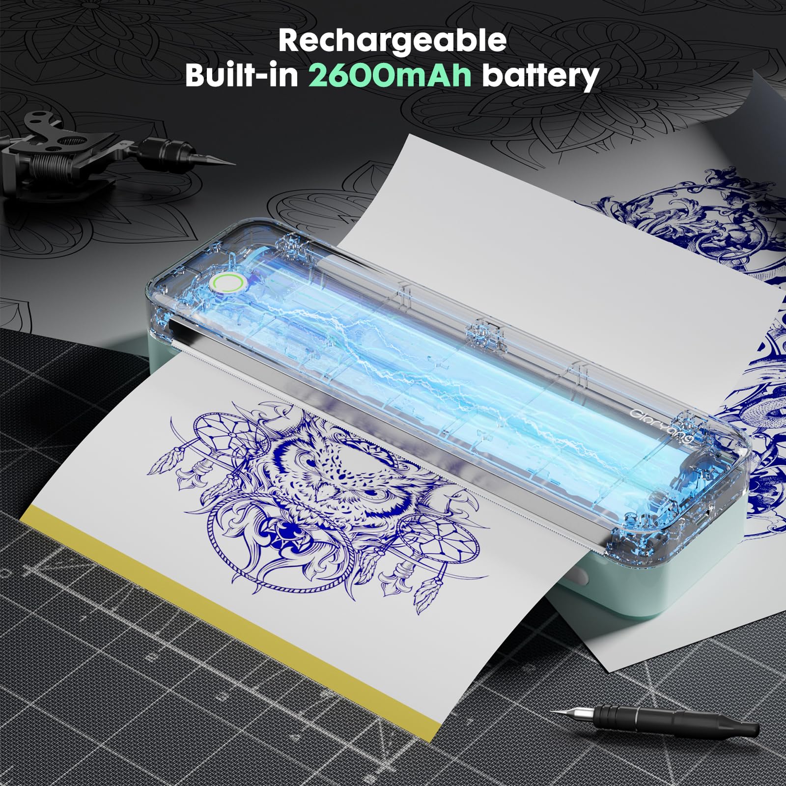 Gloryang Wireless Tattoo Transfer Stencil Printer, Portable Thermal Tattoo Machine for Tattoo Beginners with 40pcs Stencil Paper, Compatible with Smartphone & PC, Rechargeable & Inkless, Light Green 3