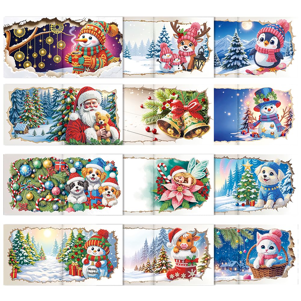 12PCS Xmas DIY Diamond Painting Greeting Card | Christmas Cards Congratulations for Families,Friends | Handmade Festival Wishes Envelope