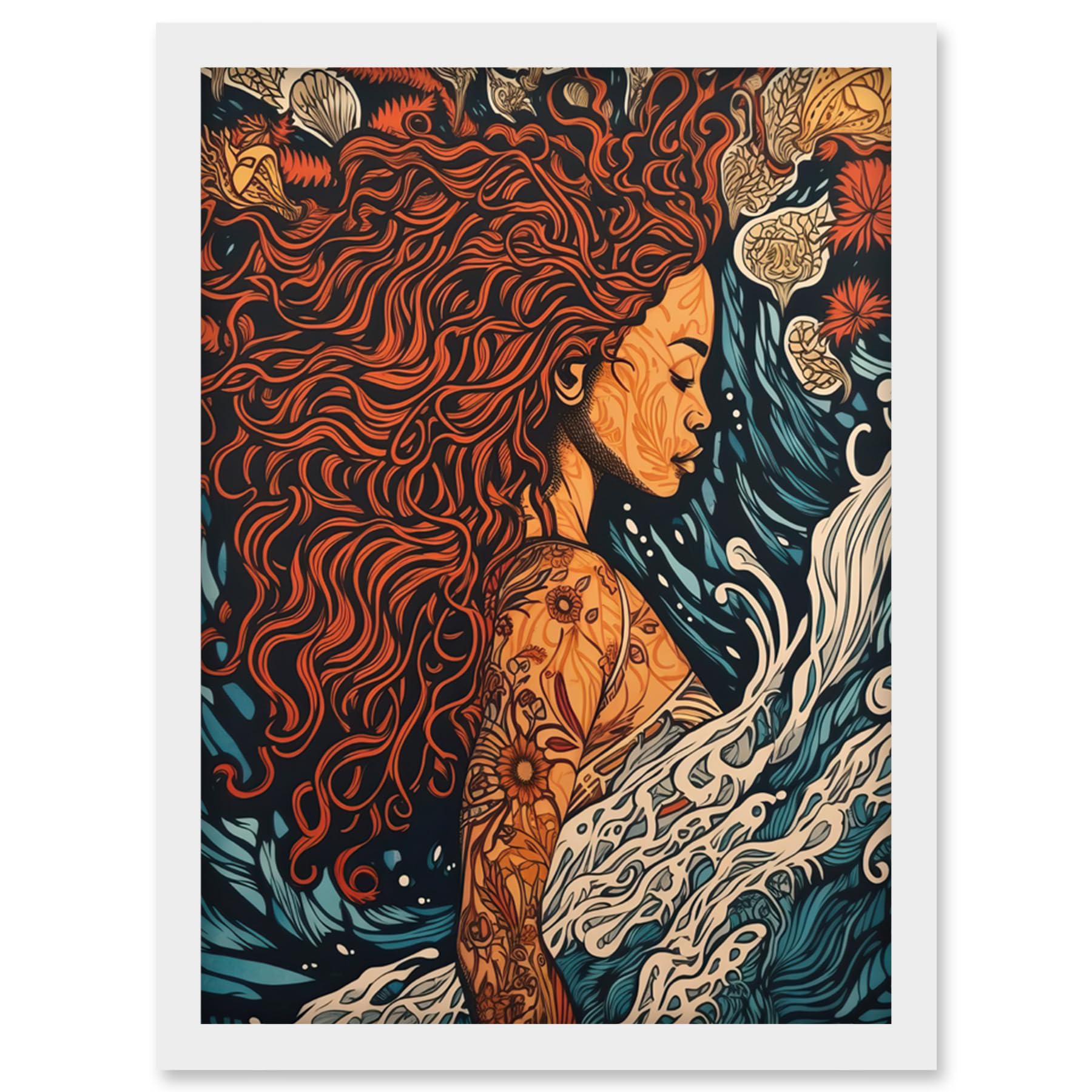 Artery8 Sea Water Nymph Modern Art Nouveau Linocut Artwork Framed Wall Art Print A4