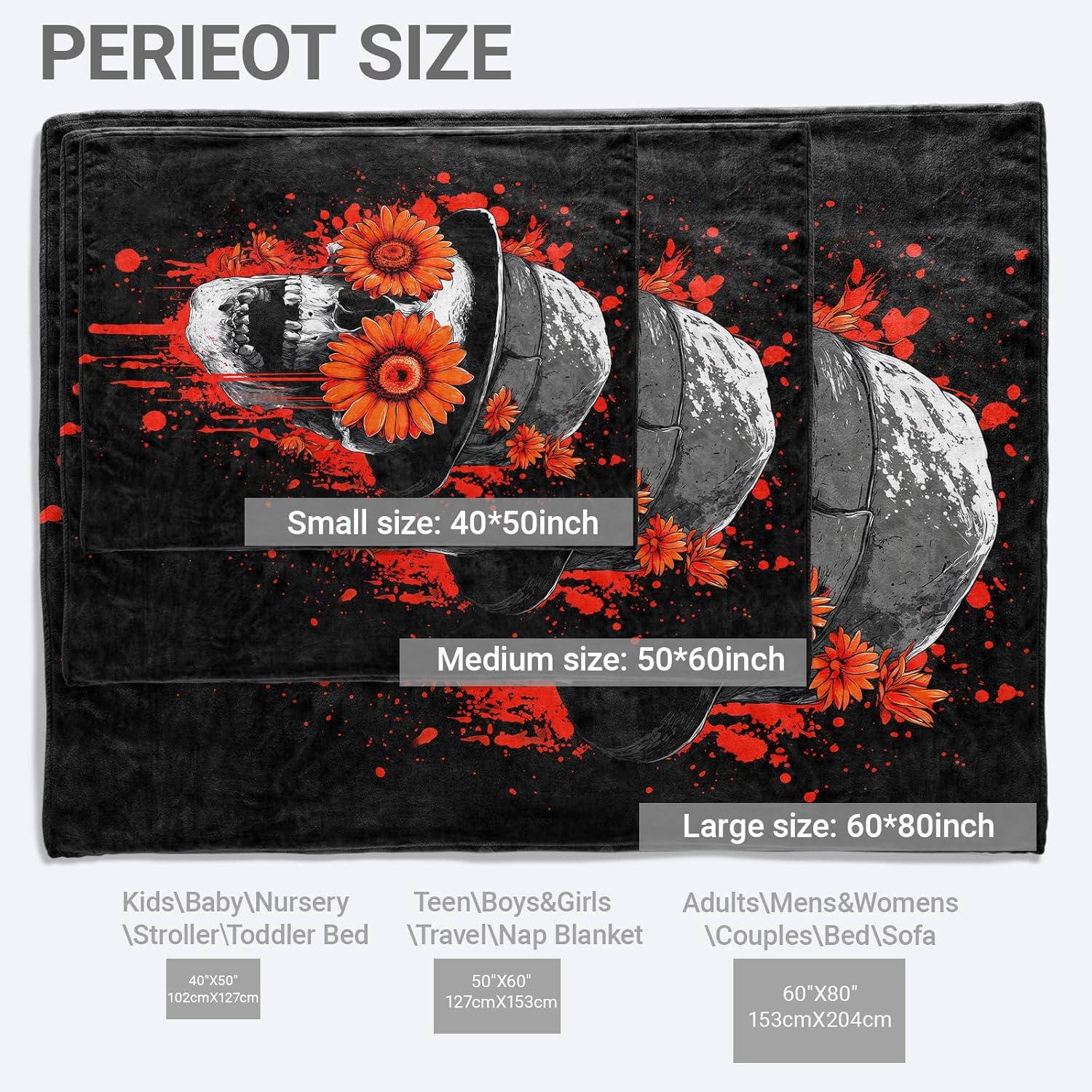Gothic Skull Blanket, Lightweight All Seasons Warm Throw, 50x60 Inch Goth Dark Flannel Blankets, Skeleton and Flower Print Home Decor Accent for Sofa, Bedding - Image 2