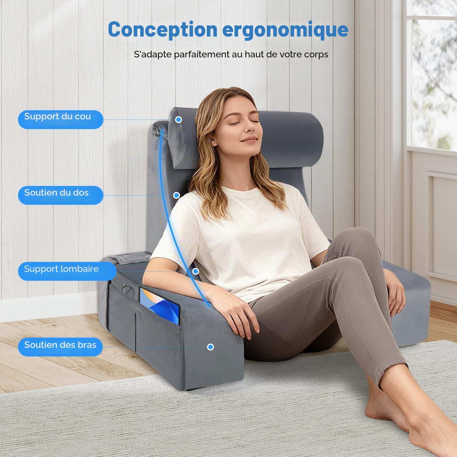 Coussin de lecture ergonomique avec appui-tête et accoudoirs amovibles, support dorsal pour lit, canapé, sol, réglable pour la lecture, le travail et la détente