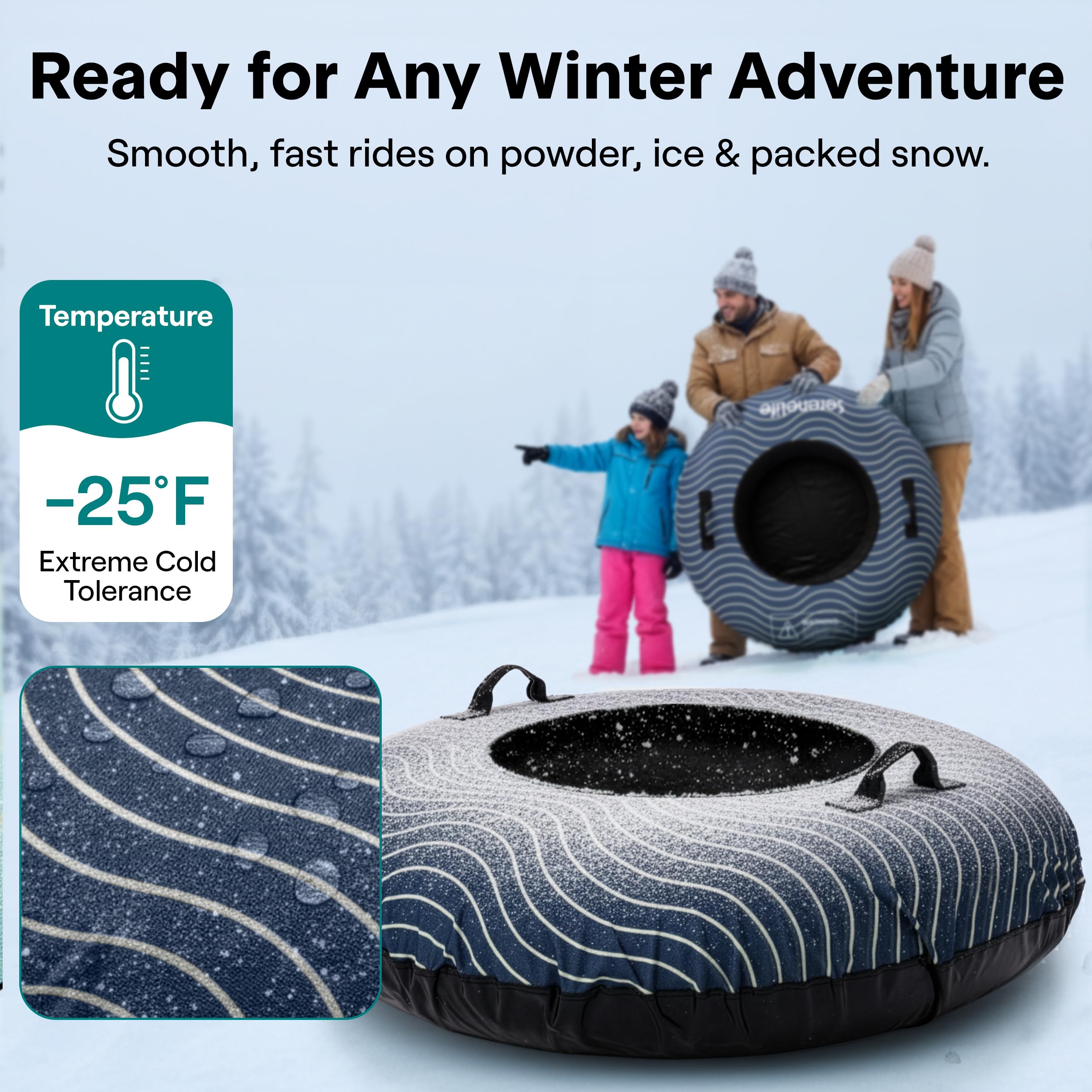 SereneLife Rura śnieżna do sanek, 112 cm, wytrzymała gumowa dętka powietrzna, pokrywa Oxford, pogrubiony spód z PVC i pas do ciągnięcia, nadmuchiwane sanki dla dzieci i dorosłych, prezent
