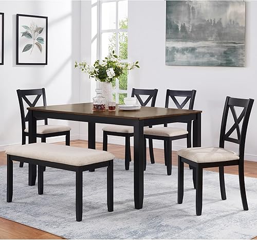 Miniatura 10 de LUMISOL Juego de mesa de comedor de madera maciza de 6 piezas, juego de mesa de cocina de granja con 4 sillas tapizadas y banco para cocina,