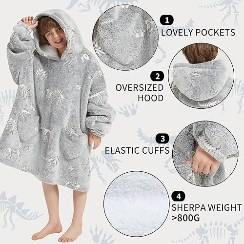 Miniatura 92 de Wearable Blanket Hoodie for Kids Oversized Sherpa Blanket Hoodie for Kids Boys Girls Teens 6-13YR,Navy Shark