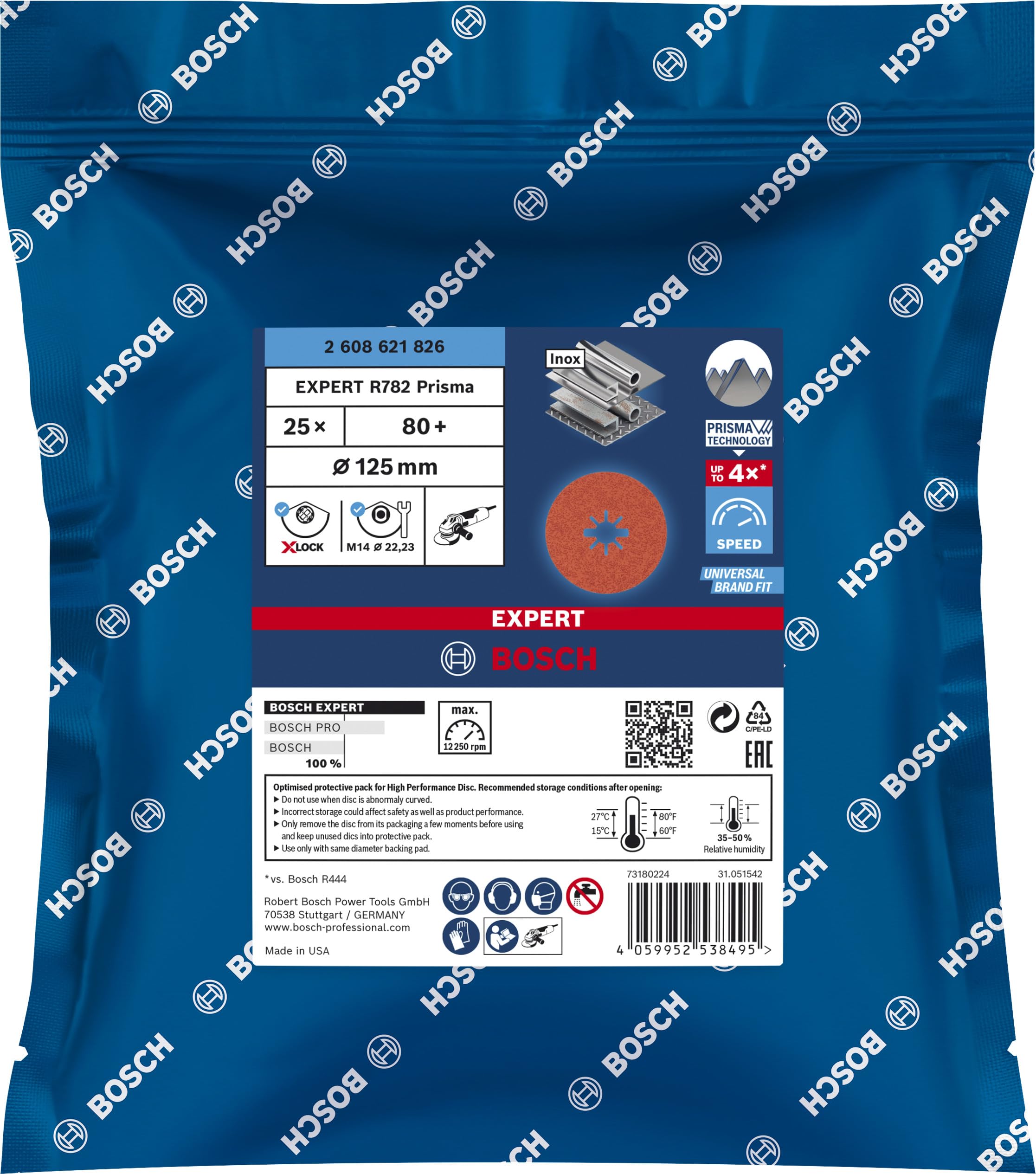 Bosch Professional 25x Dischi Fibrati Expert R782 Prisma Ceramic X-LOCK per Acciaio, Lamiere di Acciaio Inossidabile, Ø 125 mm, Grana 80, Accessorio Smerigliatrice Angolare Piccolo