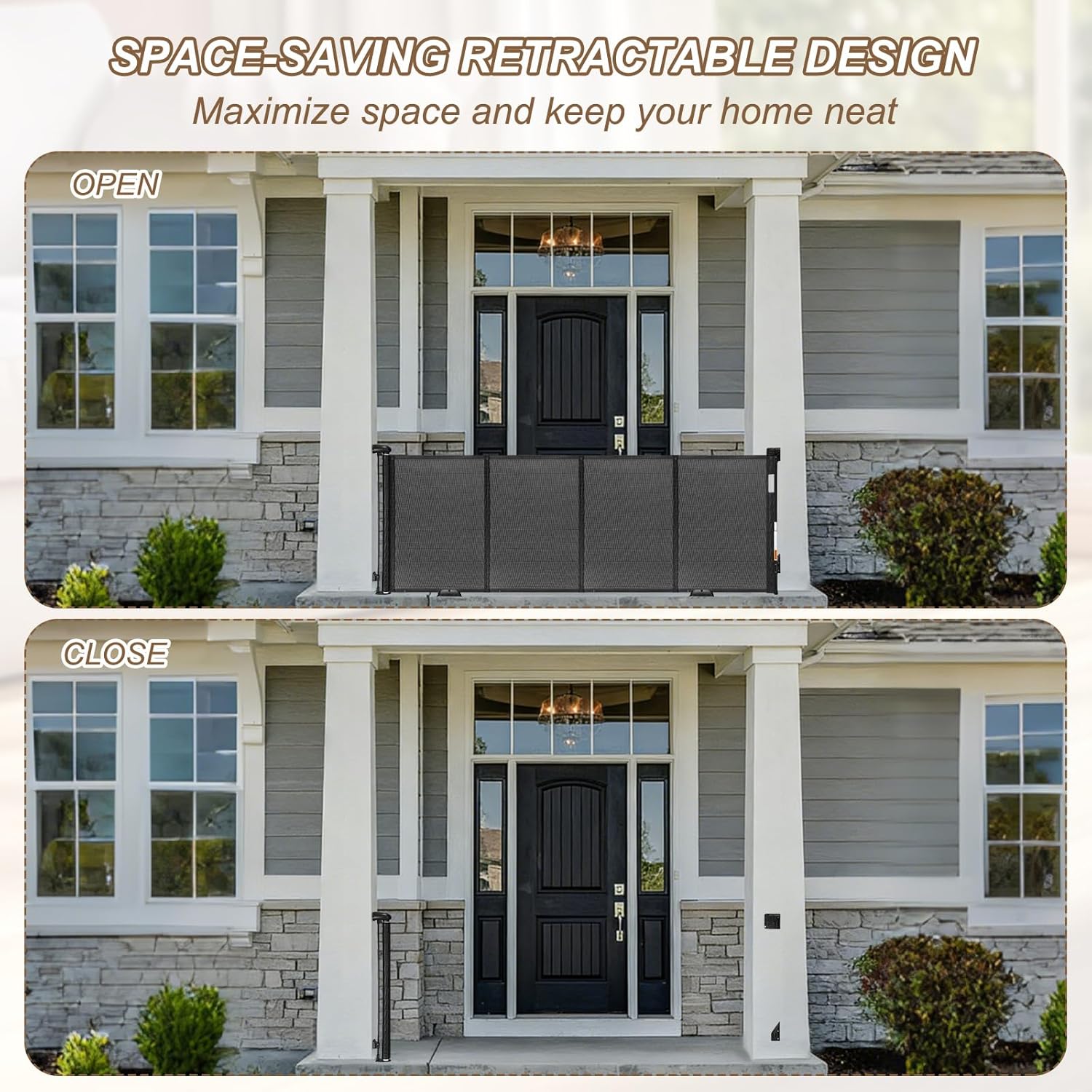 Reinforced 118" Wide Retractable Gate with Reinforced Strips, Indoor/Outdoor Retractable Dog Gate for Doorway Prevent Bottom Drilling Through, Safety Mesh Gate, Black