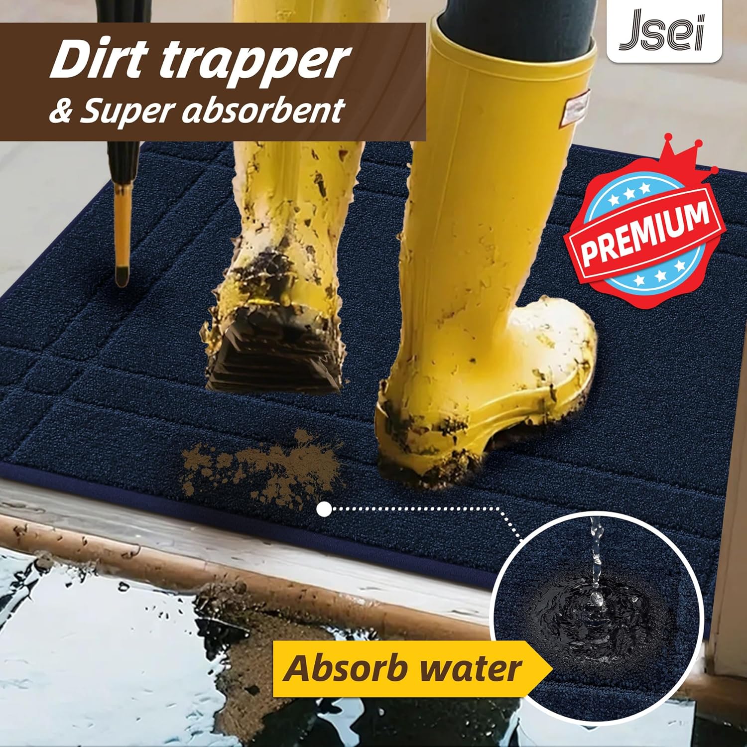 JSEI Entryway Rugs Doormat 24"x36", Non-Slip Dirt Trapper Door Mats Indoor, Washable Absorbent and Stain Resist Welcome Floor Mat for Front Door, Dog Door Mat, Muddy Wet Shoes & Paws, Navy Blue - Image 3